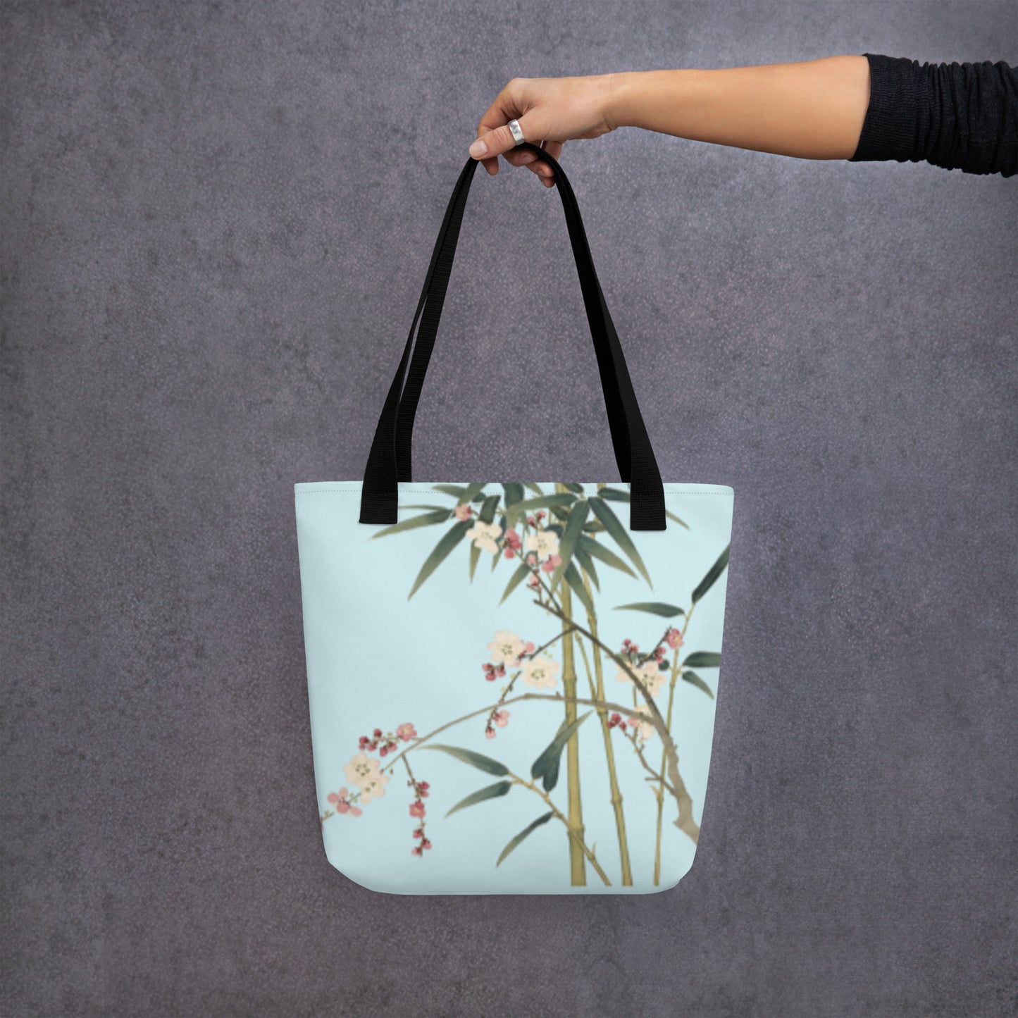 The Spirit of Flowers in Twelve Months｜Crimson Plum Blossom and Lush Green Bamboo｜Tote bag｜Aqua blue