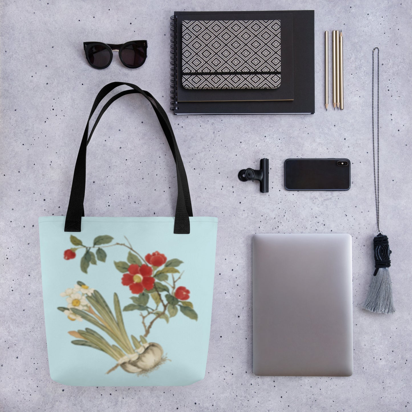 The Spirit of Flowers in Twelve Months｜Narcissus and Camelia in Bloom｜Tote bag｜Aqua blue