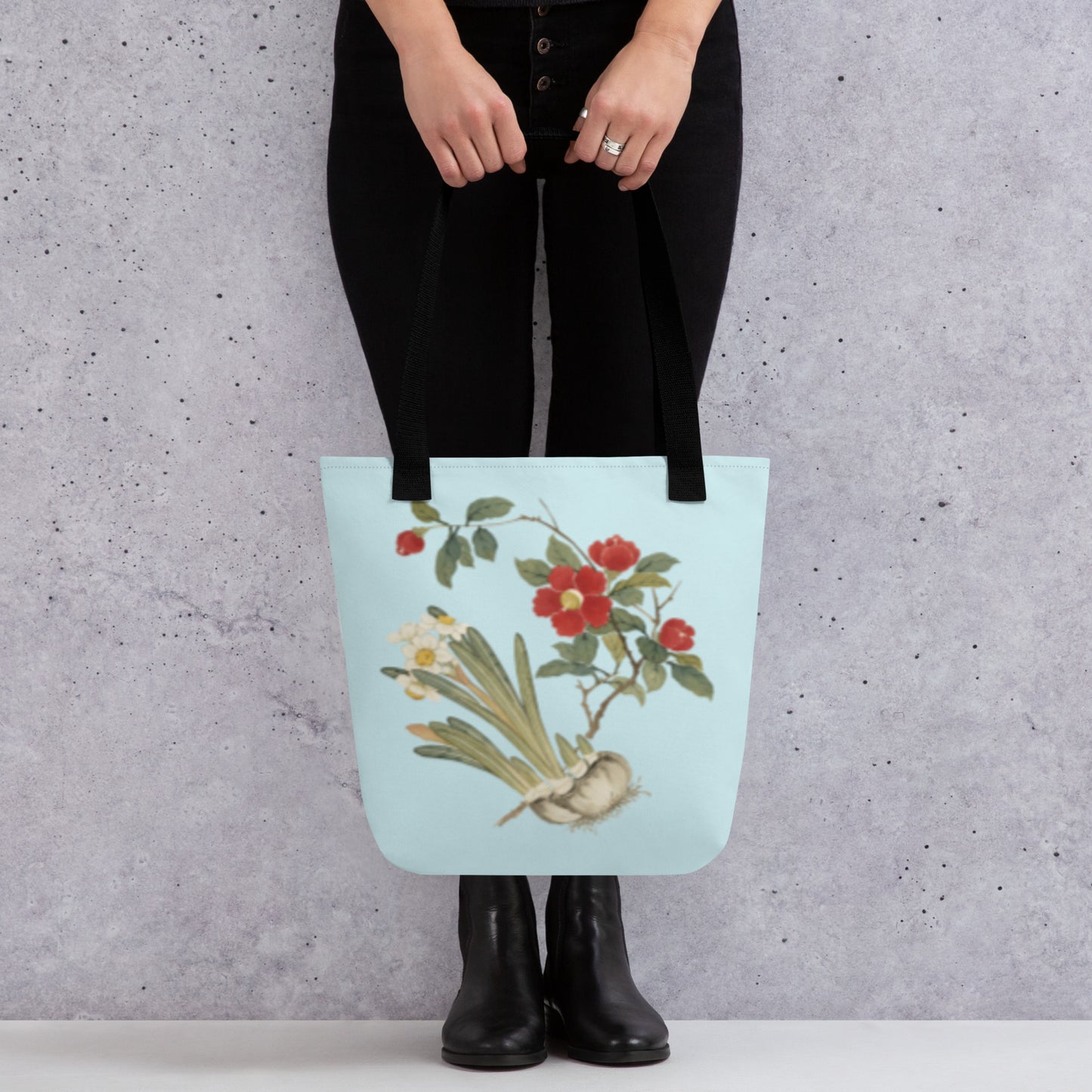 The Spirit of Flowers in Twelve Months｜Narcissus and Camelia in Bloom｜Tote bag｜Aqua blue