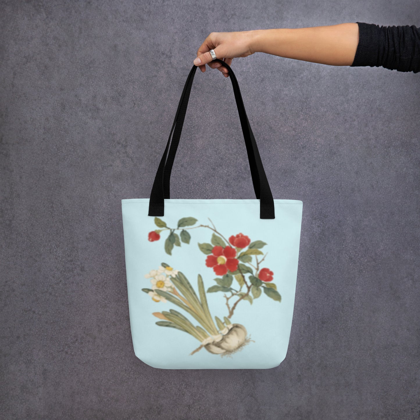 The Spirit of Flowers in Twelve Months｜Narcissus and Camelia in Bloom｜Tote bag｜Aqua blue