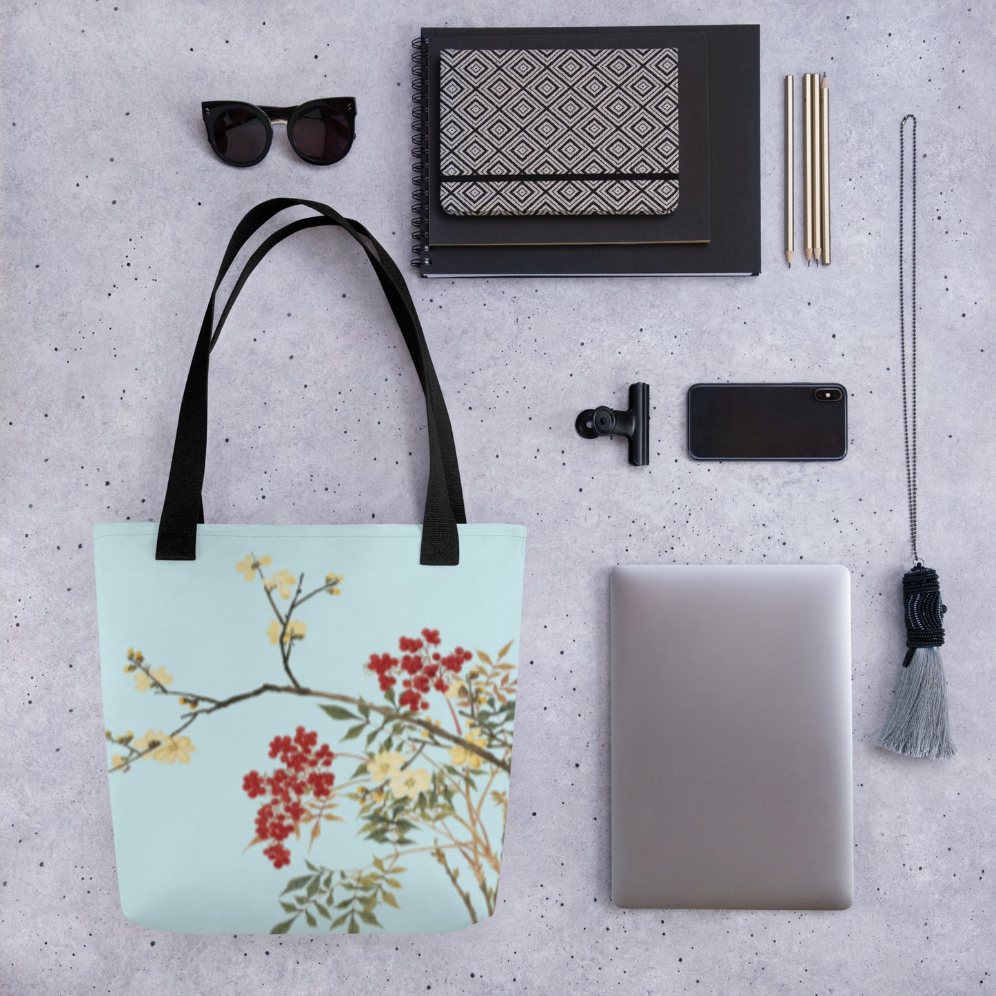 The Spirit of Flowers in Twelve Months｜Blooming Wintersweet and Heavenly Bamboo｜Tote bag｜Aqua blue