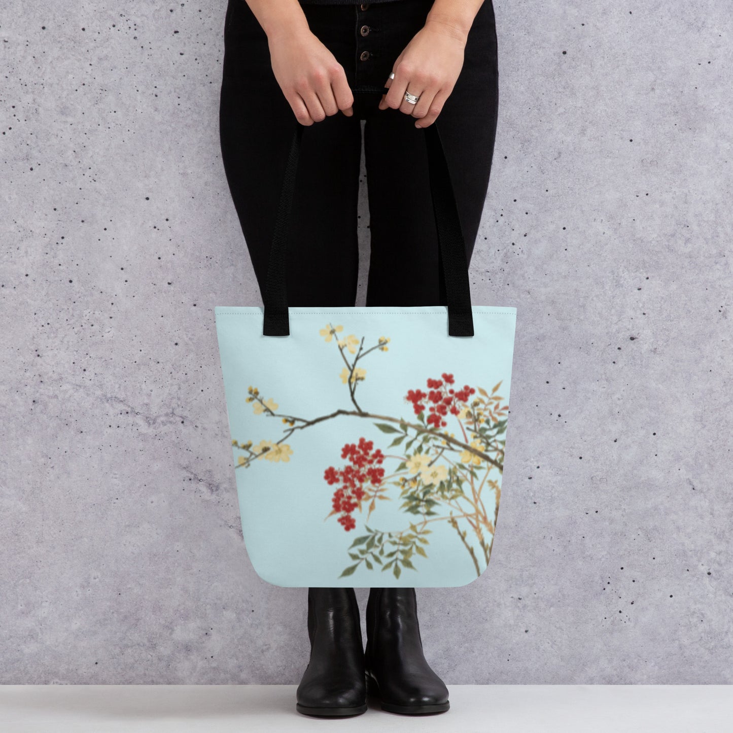 The Spirit of Flowers in Twelve Months｜Blooming Wintersweet and Heavenly Bamboo｜Tote bag｜Aqua blue