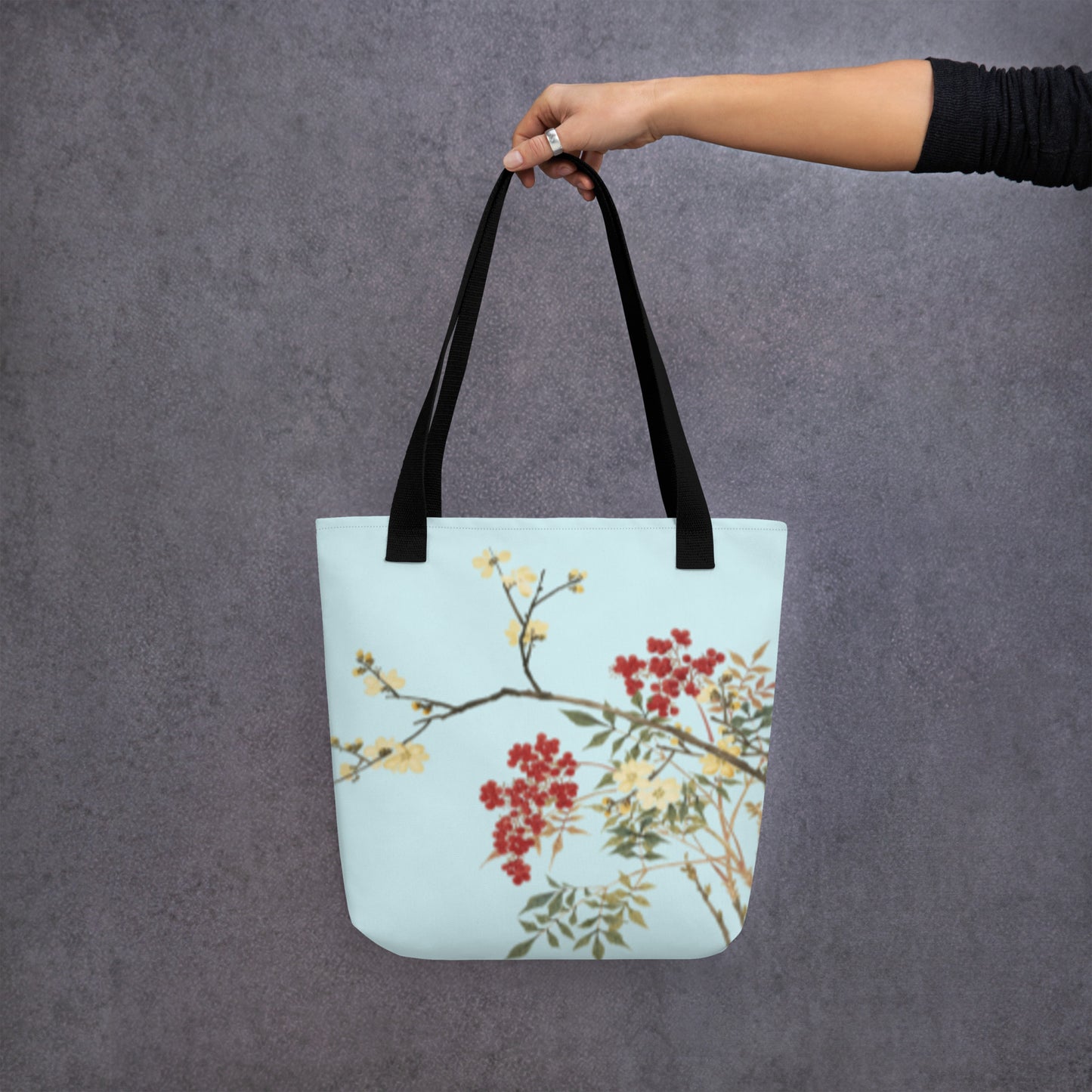 The Spirit of Flowers in Twelve Months｜Blooming Wintersweet and Heavenly Bamboo｜Tote bag｜Aqua blue