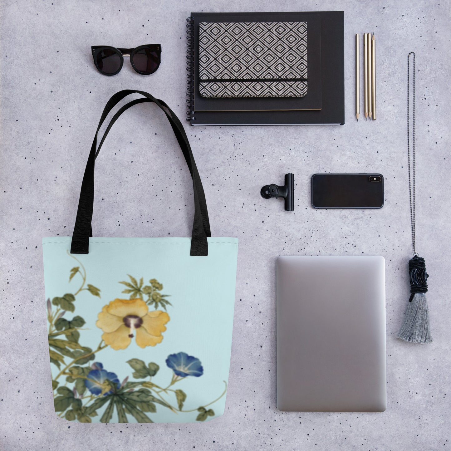 The Spirit of Flowers in Twelve Months｜Okra and White-edged Morning Glory in Bloom｜Tote bag｜Aqua blue