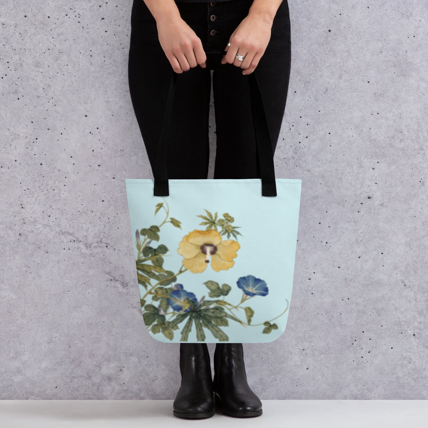 The Spirit of Flowers in Twelve Months｜Okra and White-edged Morning Glory in Bloom｜Tote bag｜Aqua blue