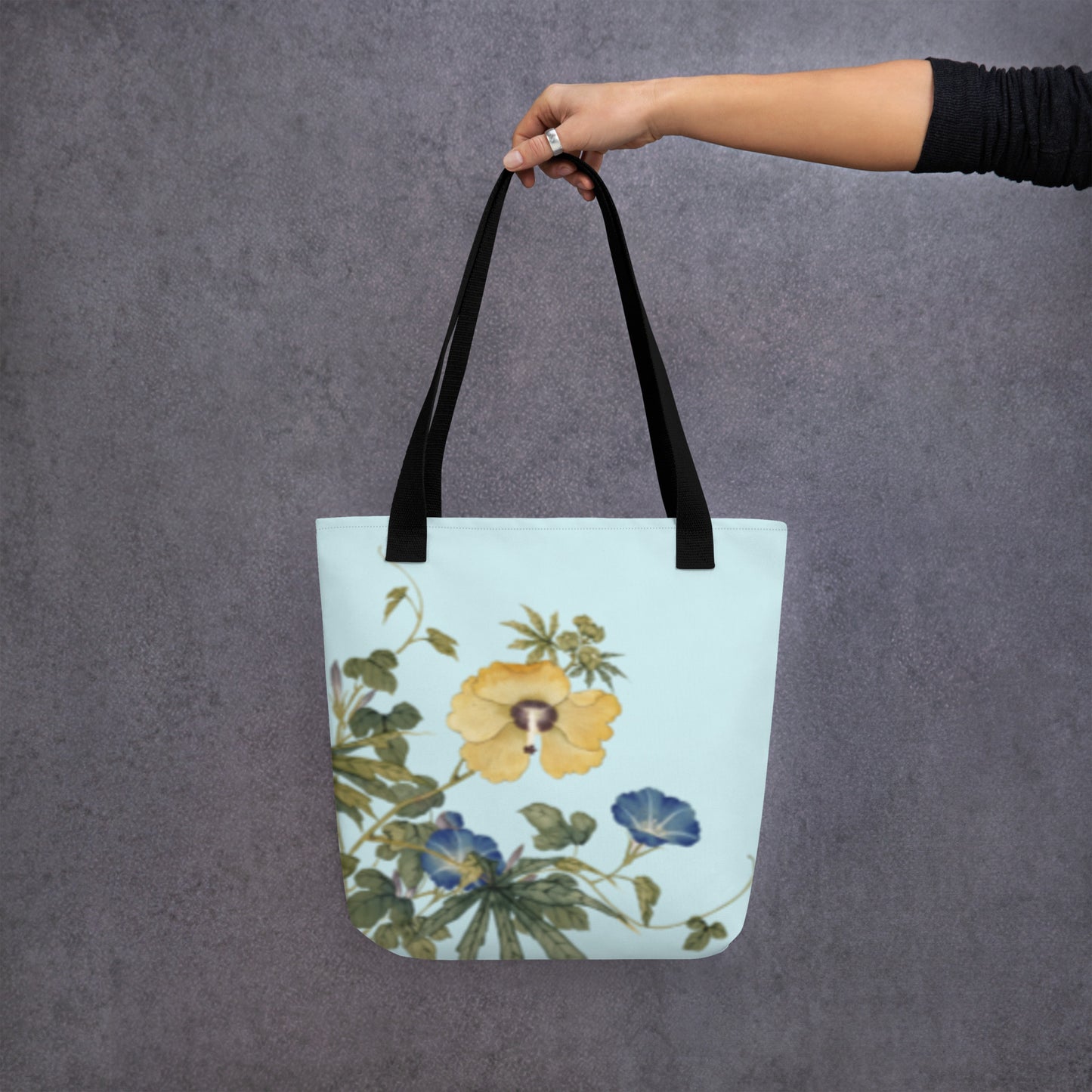 The Spirit of Flowers in Twelve Months｜Okra and White-edged Morning Glory in Bloom｜Tote bag｜Aqua blue