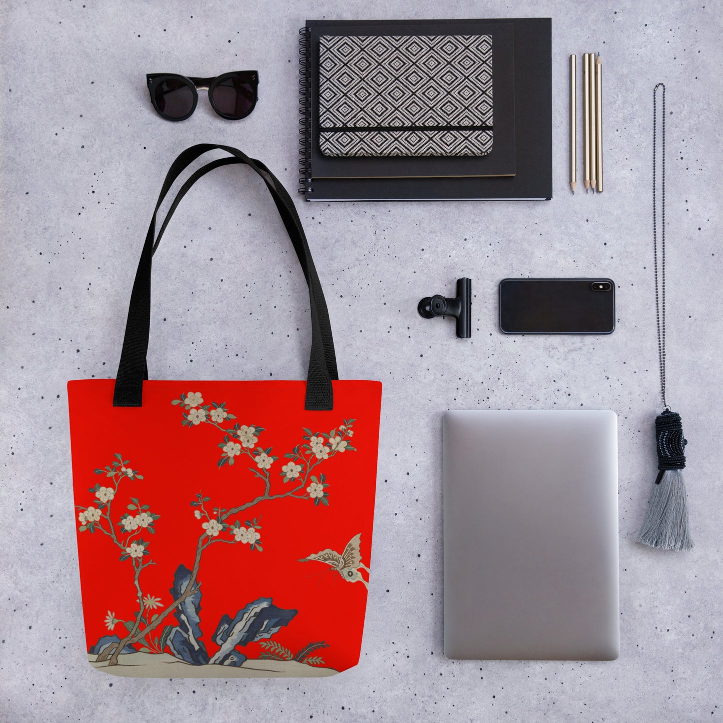 Kesi Flower Album｜White Plum Blossoms and Butterfly｜Tote bag｜Garnet red