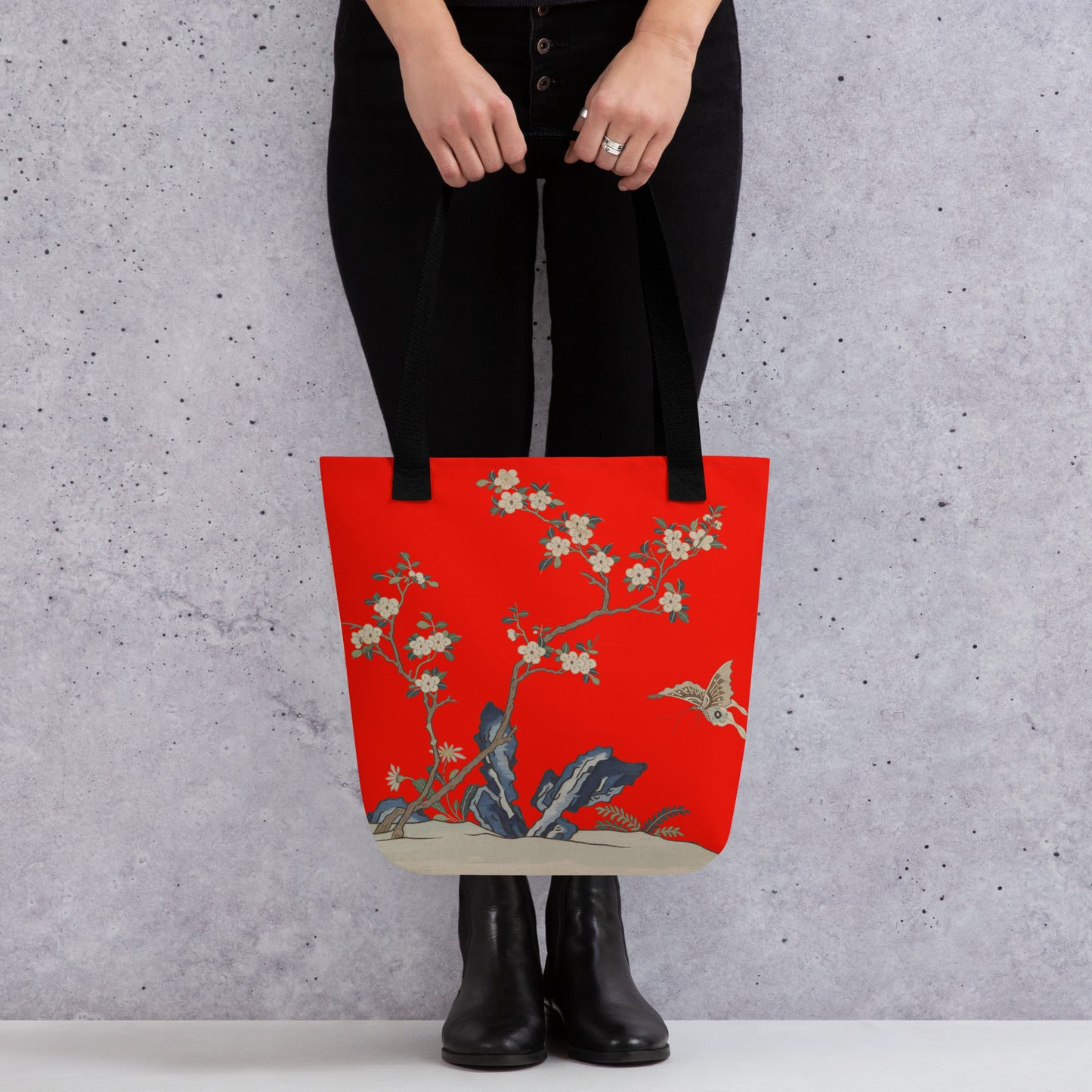 Kesi Flower Album｜White Plum Blossoms and Butterfly｜Tote bag｜Garnet red