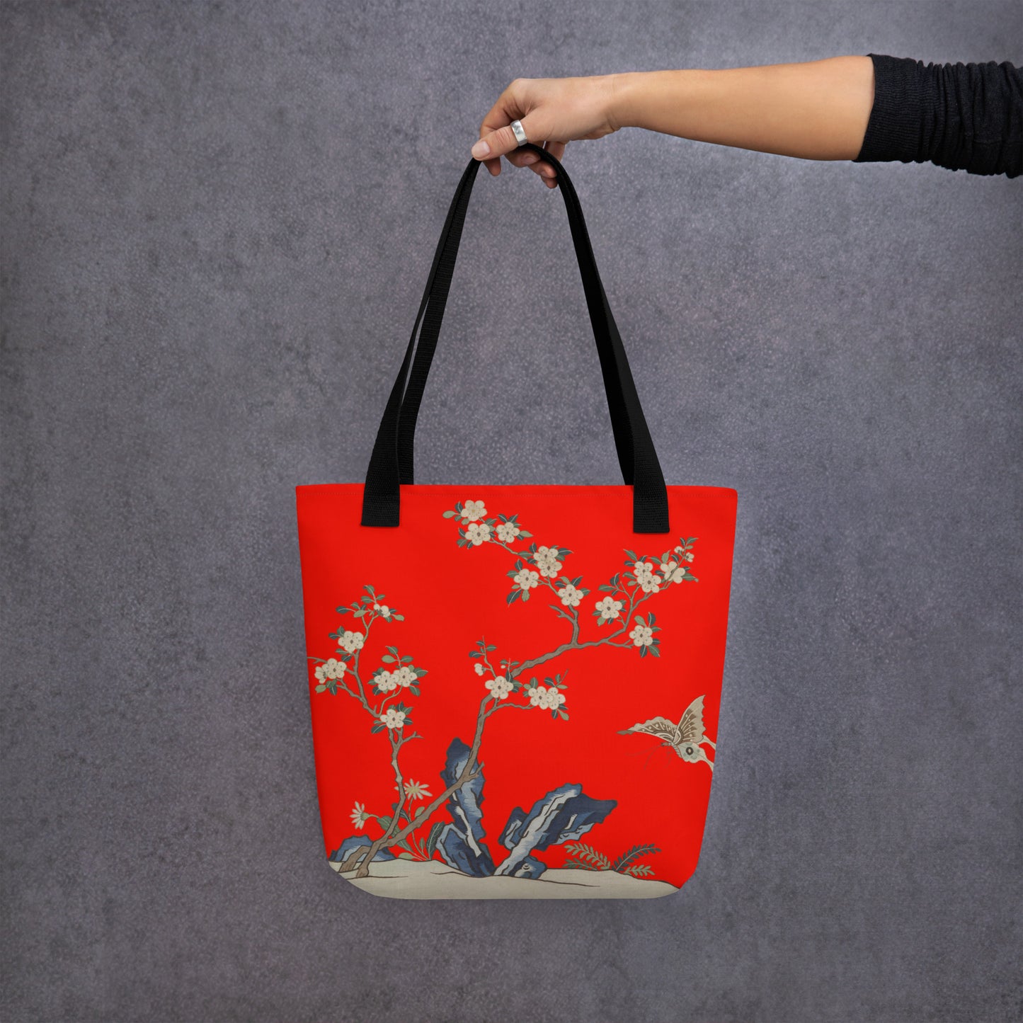 Kesi Flower Album｜White Plum Blossoms and Butterfly｜Tote bag｜Garnet red