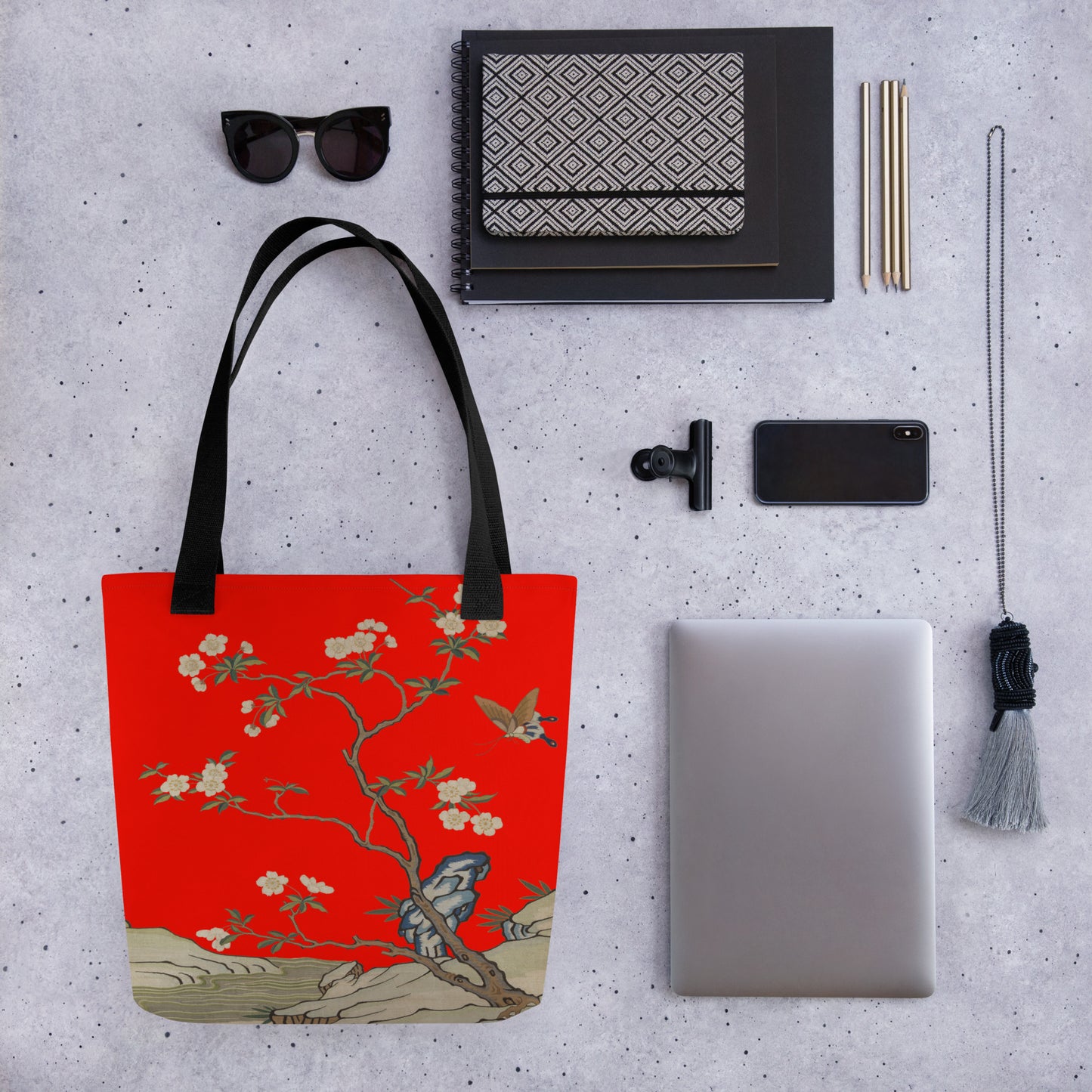 Kesi Flower Album｜Plum Blossoms and Butterfly｜Tote bag｜Garnet red