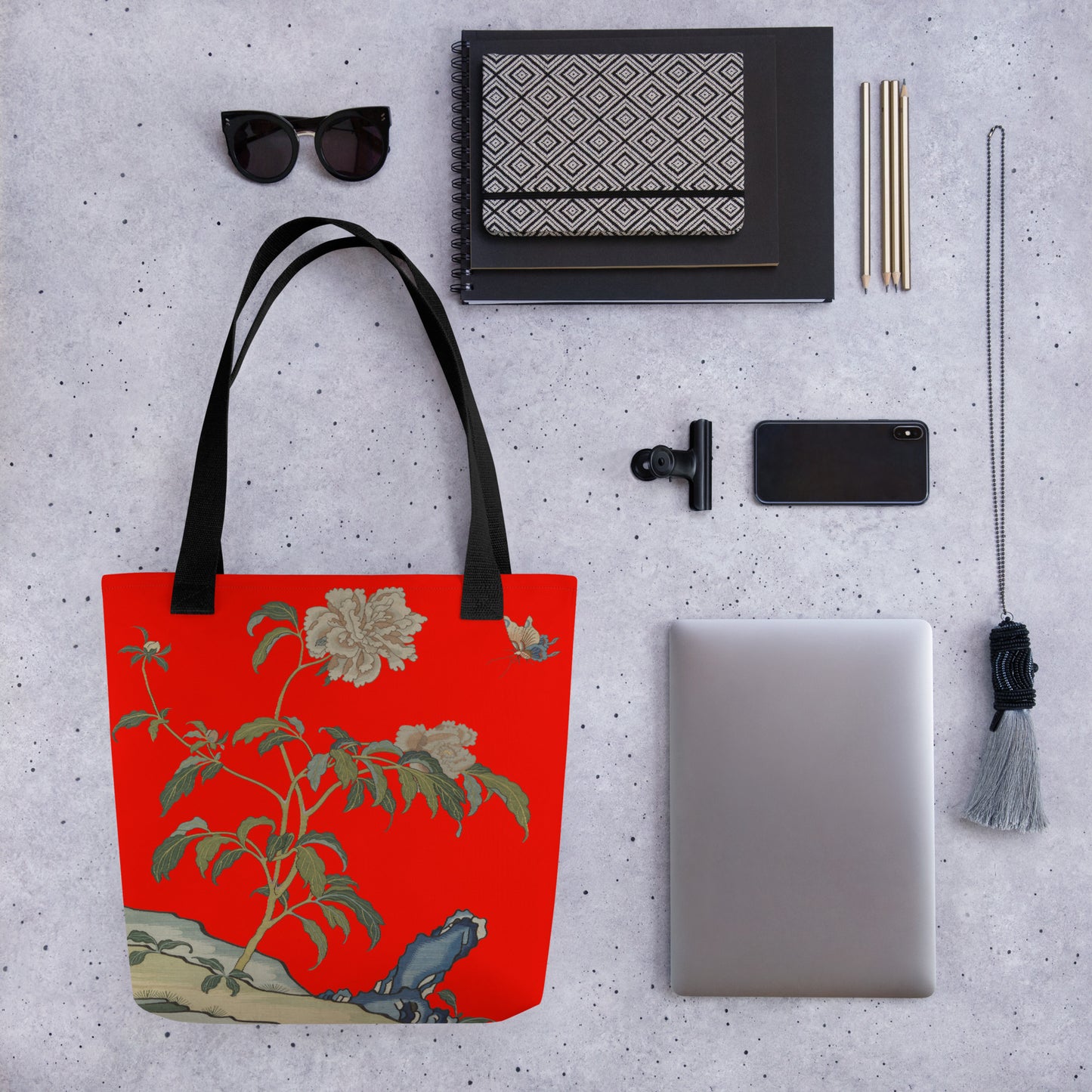 Kesi Flower Album｜Peonies and Butterfly｜Tote bag｜Garnet red