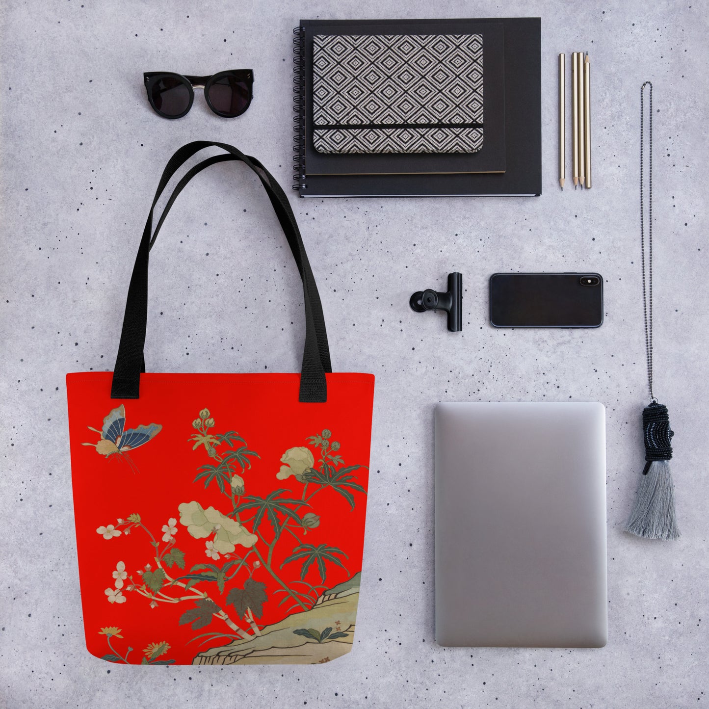 Kesi Flower Album｜Hibiscus and Begonia Blossoms｜Tote bag｜Garnet red