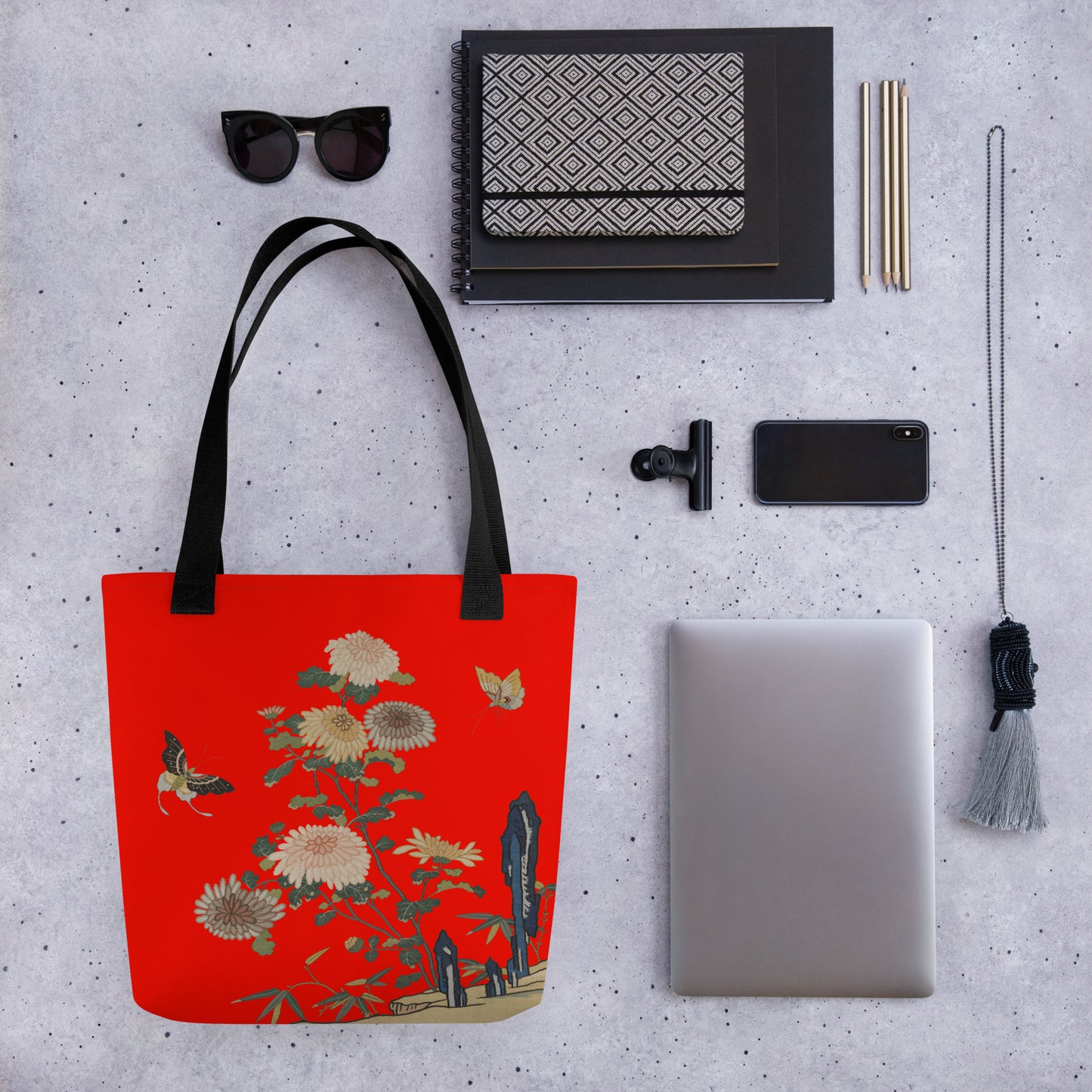 Kesi Flower Album｜Chrysanthemums and Butterflies｜Tote bag｜Garnet red