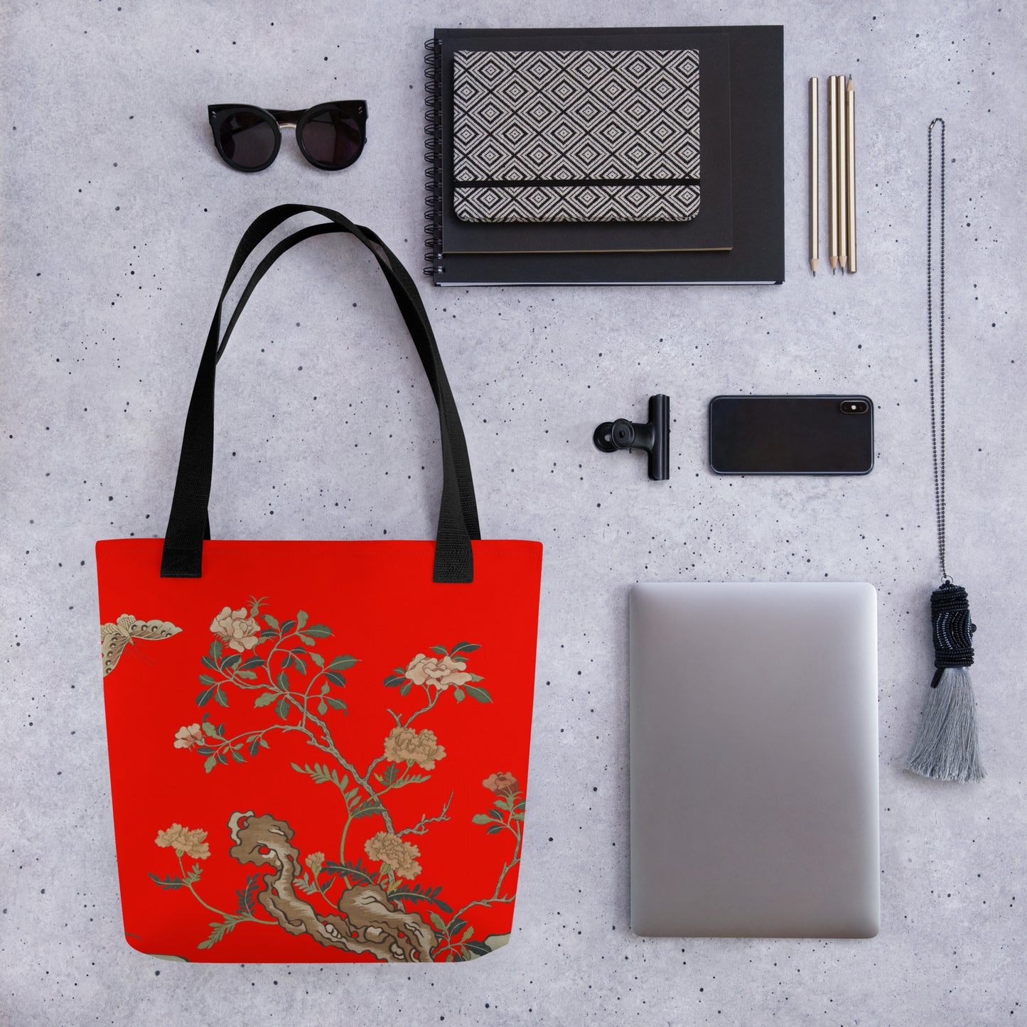 Kesi Flower Album｜Camellia and Butterfly｜Tote bag｜Garnet red