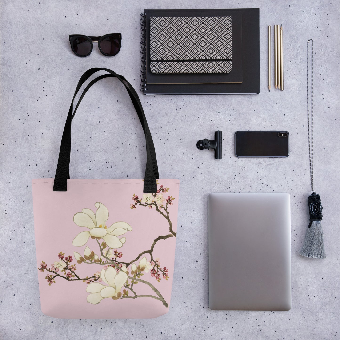 The Spirit of Flowers in Twelve Months｜Apricot and Lily Magnolia in Blossom｜Tote bag｜Pale pinkish gray