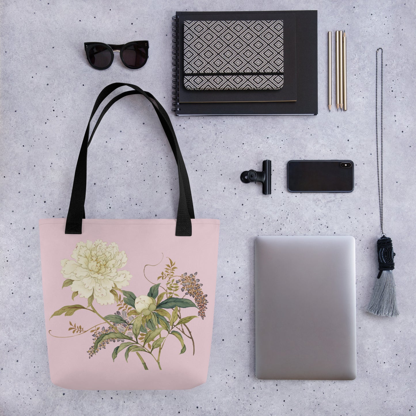 The Spirit of Flowers in Twelve Months｜Chinese Peony and Wisteria in Bloom｜Tote bag｜Pale pinkish gray