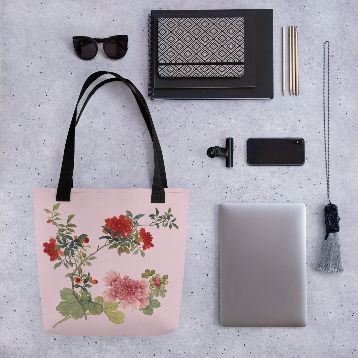 The Spirit of Flowers in Twelve Months｜Hollyhock and Pomegranate in Bloom｜Tote bag｜Pale pinkish gray