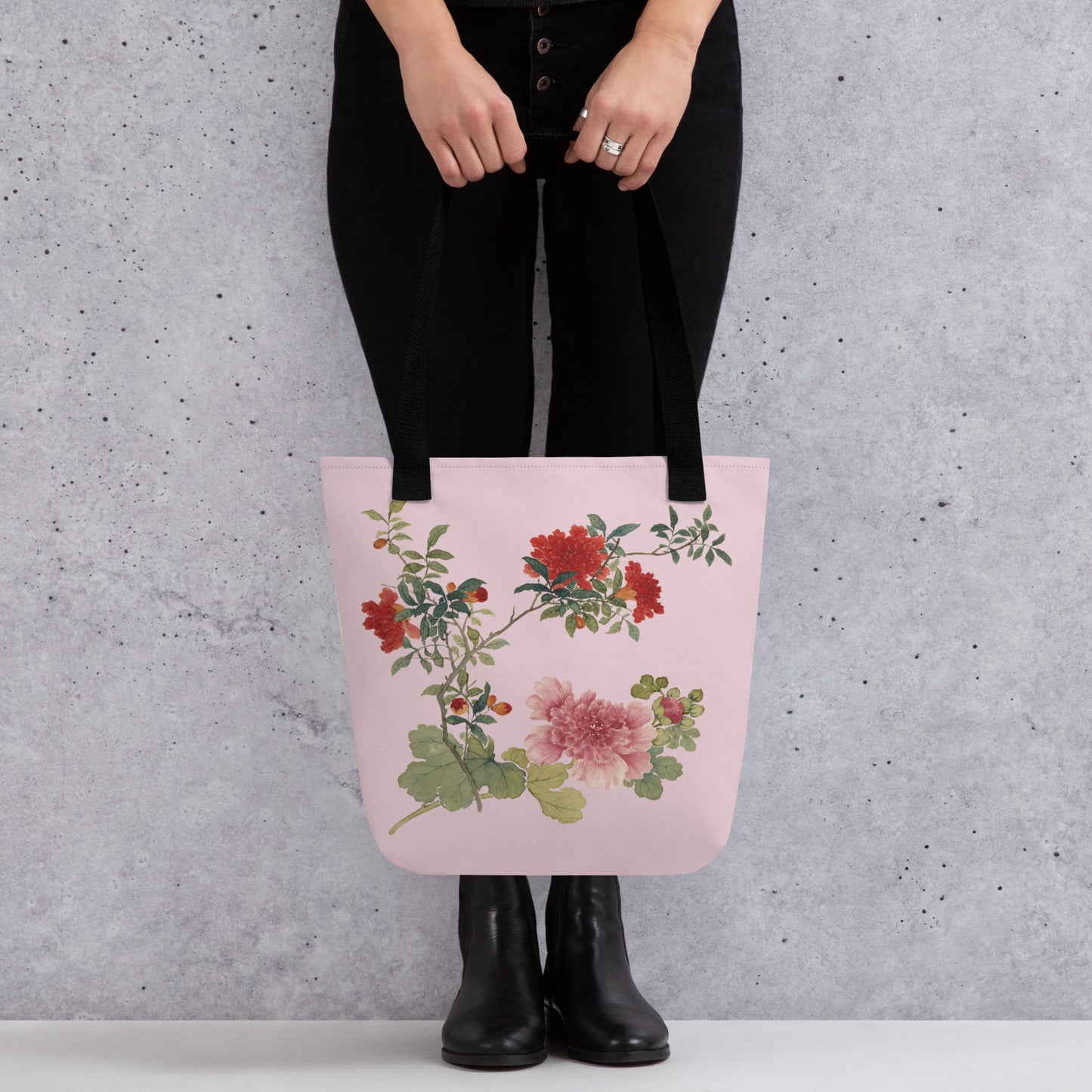 The Spirit of Flowers in Twelve Months｜Hollyhock and Pomegranate in Bloom｜Tote bag｜Pale pinkish gray