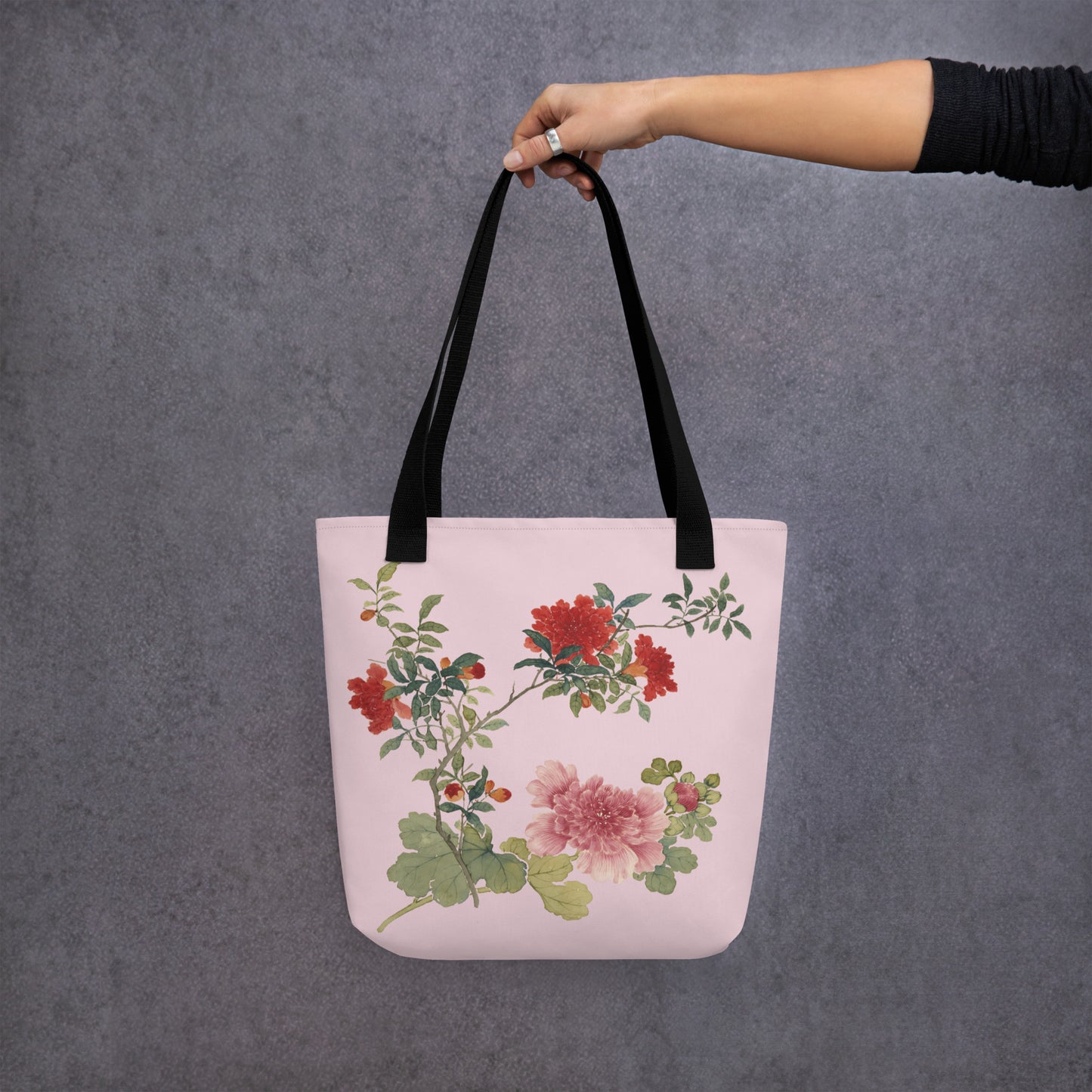 The Spirit of Flowers in Twelve Months｜Hollyhock and Pomegranate in Bloom｜Tote bag｜Pale pinkish gray