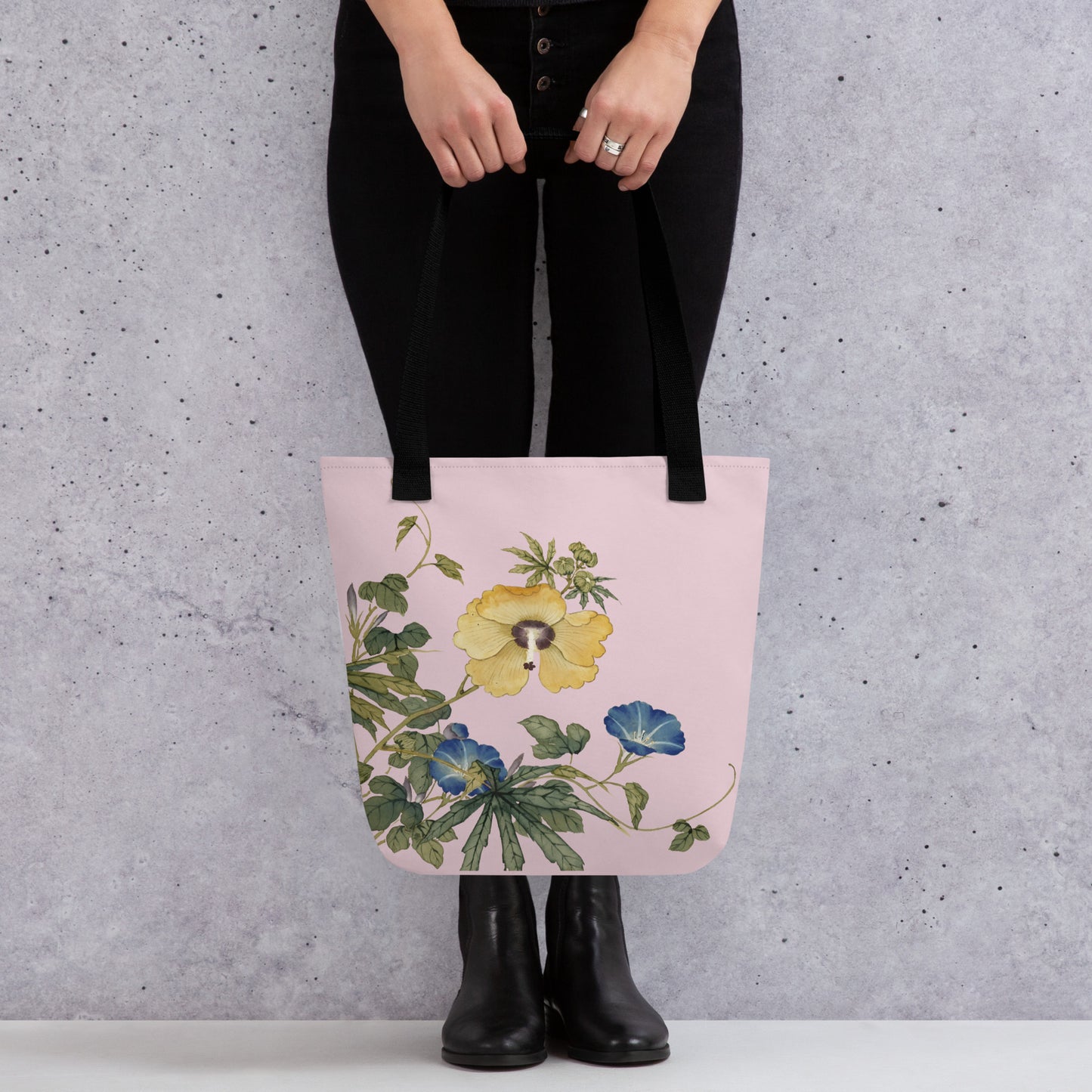 The Spirit of Flowers in Twelve Months｜Okra and White-edged Morning Glory in Bloom｜Tote bag｜Pale pinkish gray