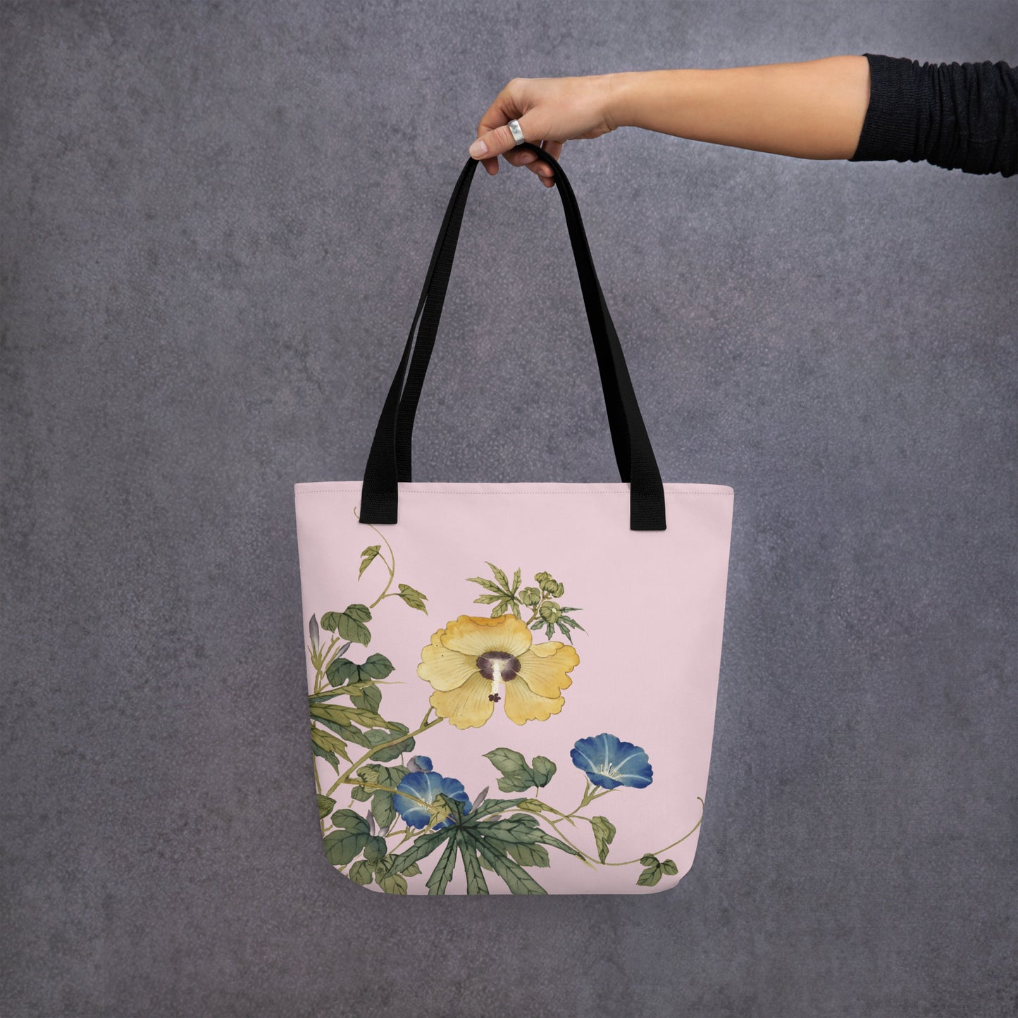 The Spirit of Flowers in Twelve Months｜Okra and White-edged Morning Glory in Bloom｜Tote bag｜Pale pinkish gray