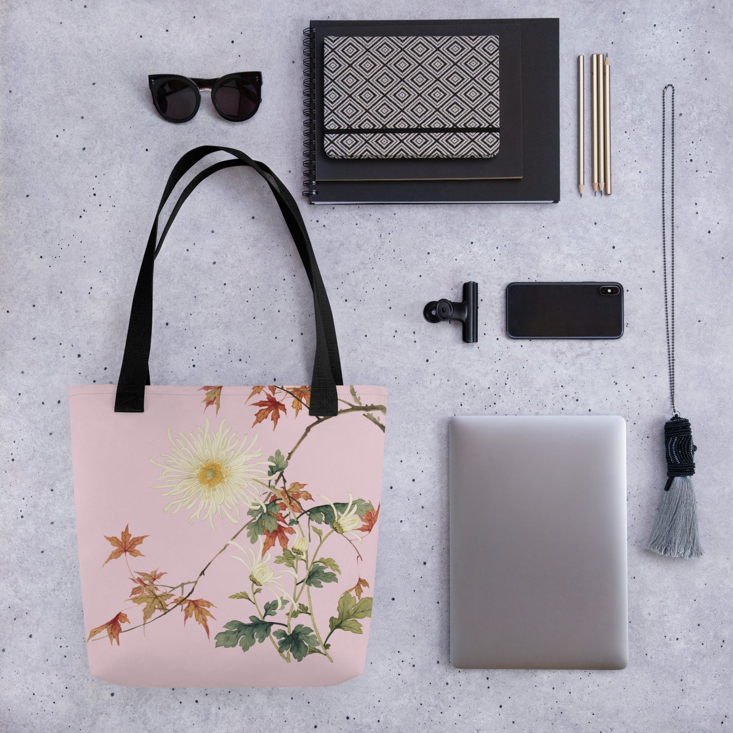 12月の花神様｜Blooming Chrysanthemum and Maple Leaves｜Tote bag｜Pale pinkish gray