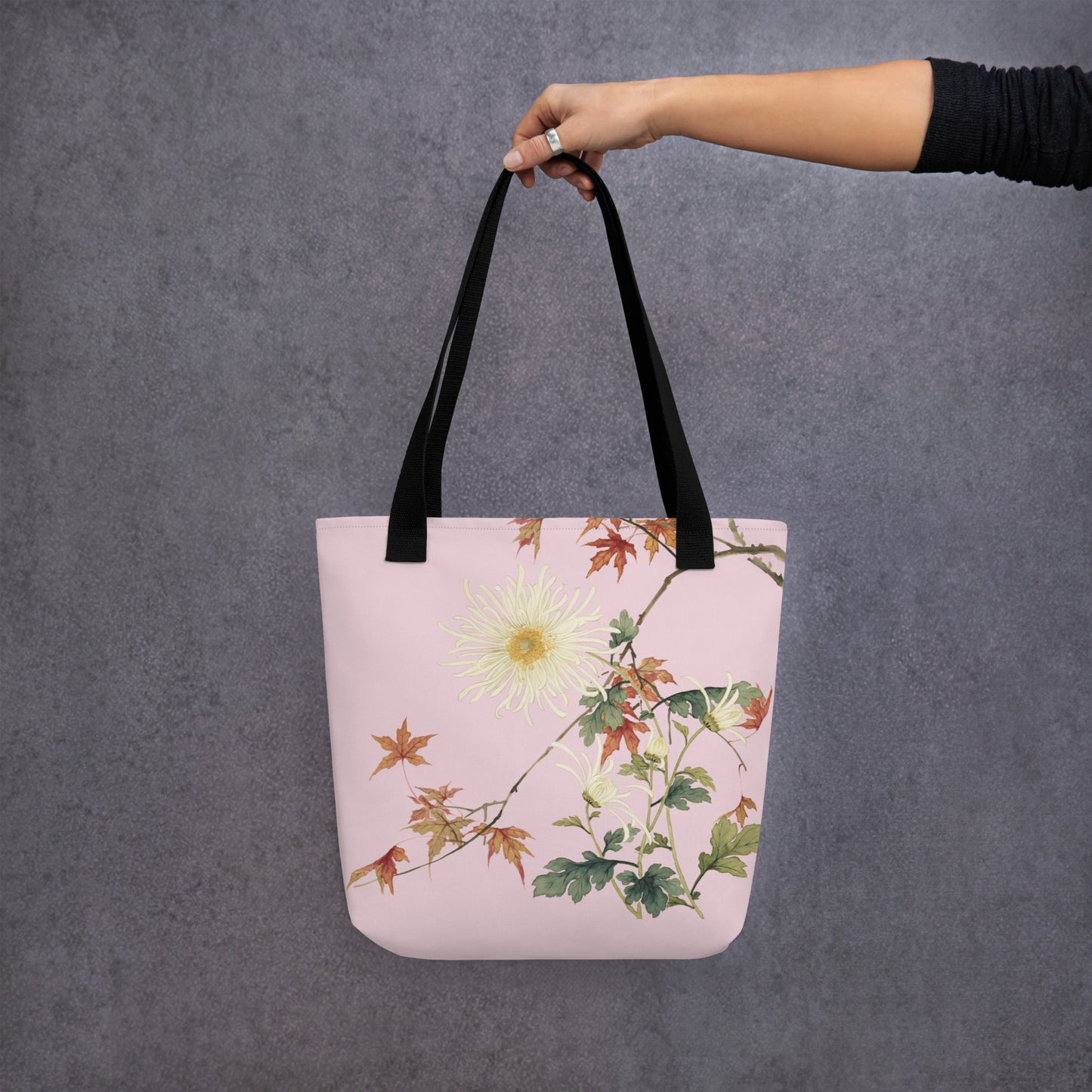 The Spirit of Flowers in Twelve Months｜Blooming Chrysanthemum and Maple Leaves｜Tote bag｜Pale pinkish gray