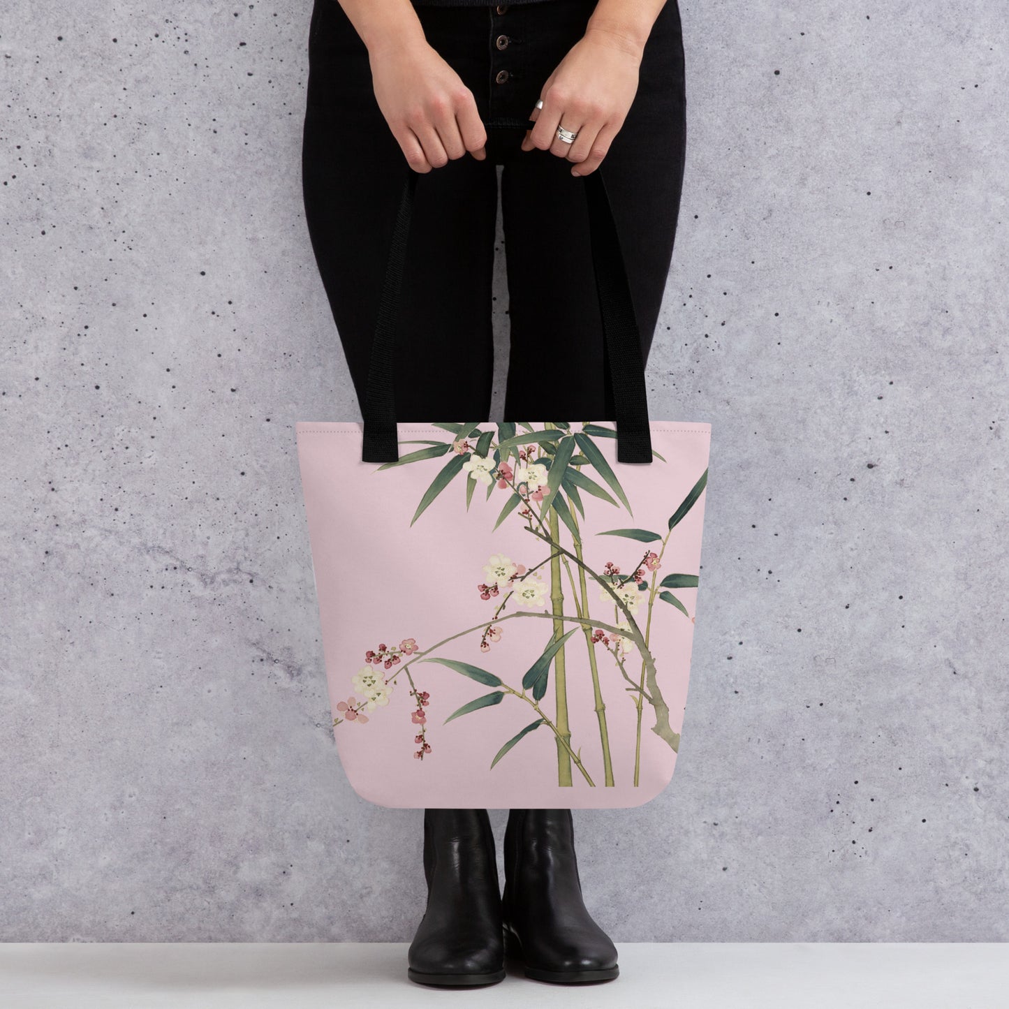 The Spirit of Flowers in Twelve Months｜Crimson Plum Blossom and Lush Green Bamboo｜Tote bag｜Pale pinkish gray