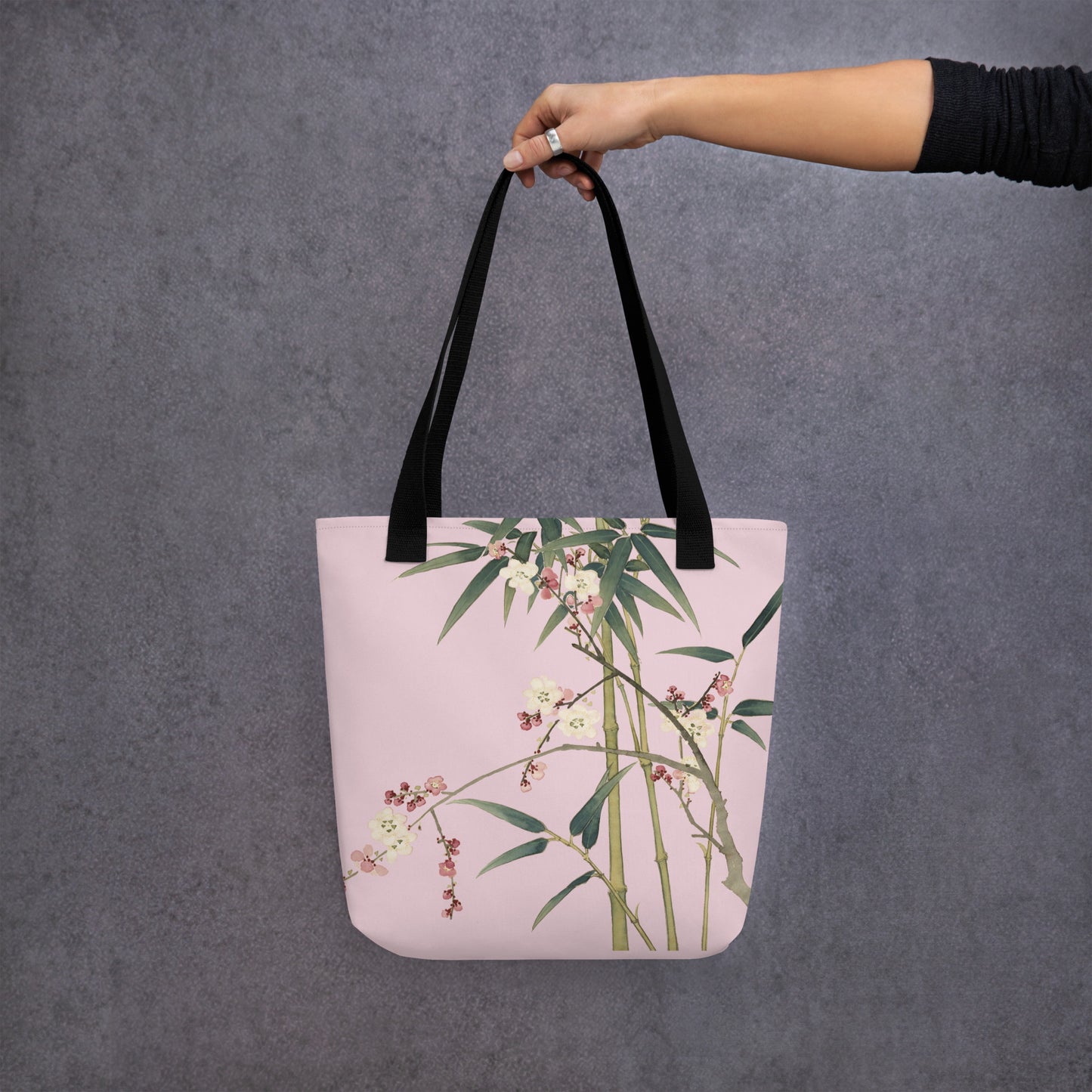 The Spirit of Flowers in Twelve Months｜Crimson Plum Blossom and Lush Green Bamboo｜Tote bag｜Pale pinkish gray