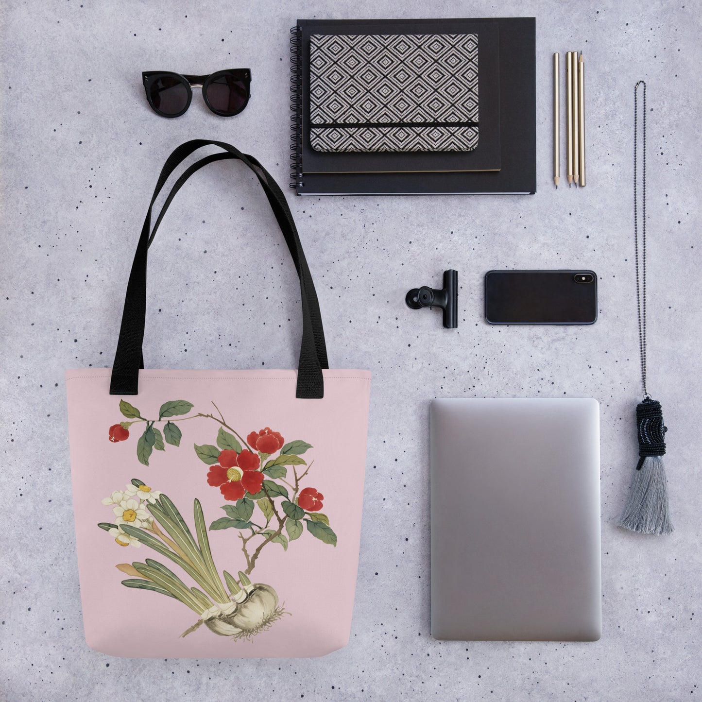 The Spirit of Flowers in Twelve Months｜Narcissus and Camelia in Bloom｜Tote bag｜Pale pinkish gray