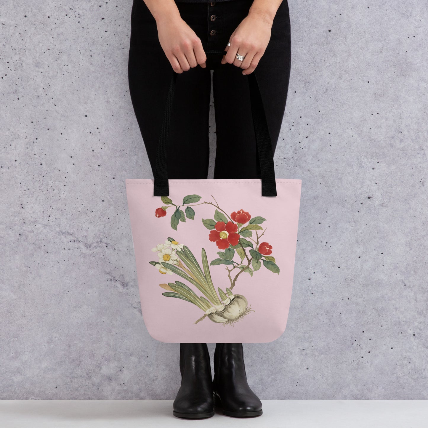 The Spirit of Flowers in Twelve Months｜Narcissus and Camelia in Bloom｜Tote bag｜Pale pinkish gray