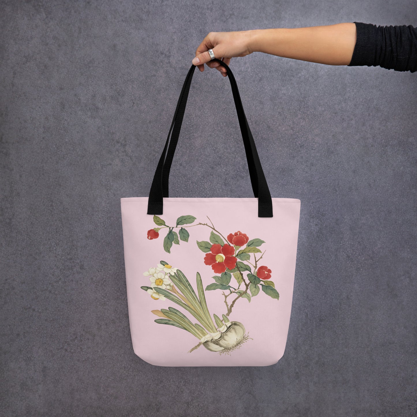 The Spirit of Flowers in Twelve Months｜Narcissus and Camelia in Bloom｜Tote bag｜Pale pinkish gray