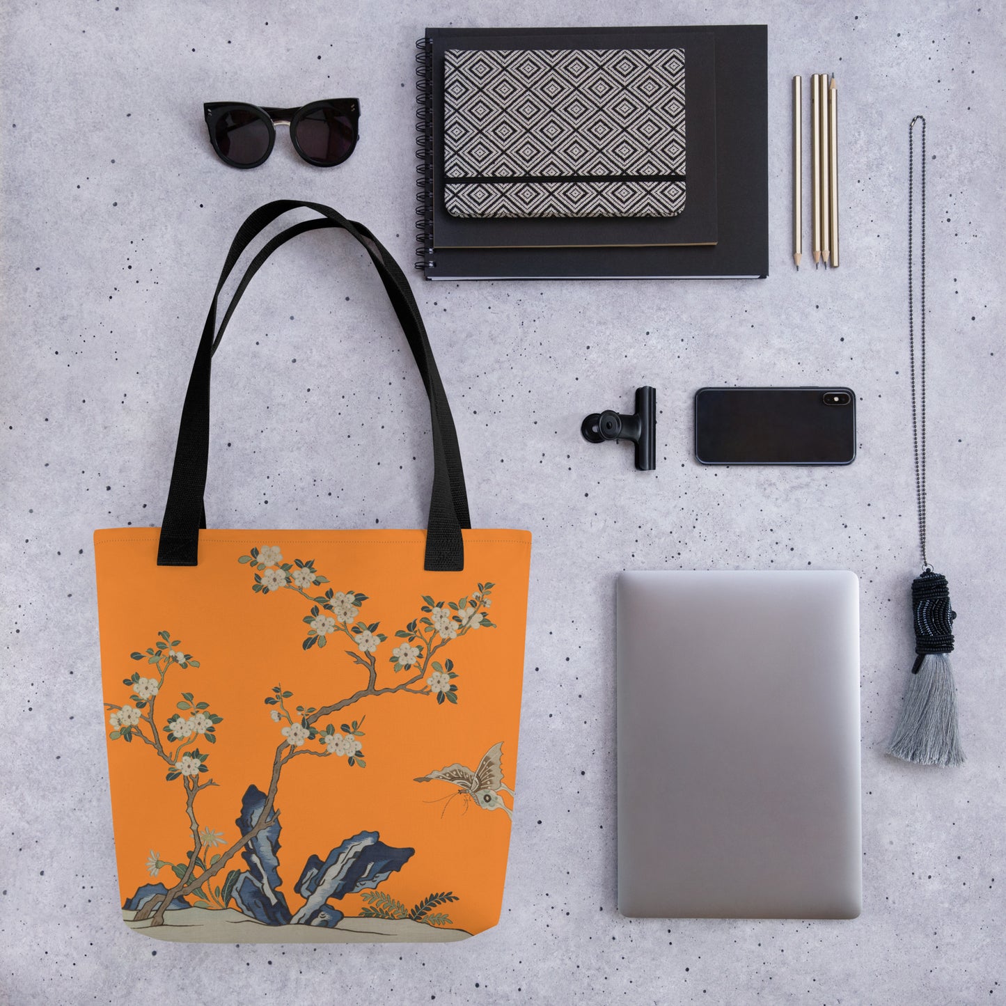 Kesi Flower Album｜White Plum Blossoms and Butterfly｜Tote bag｜Orange