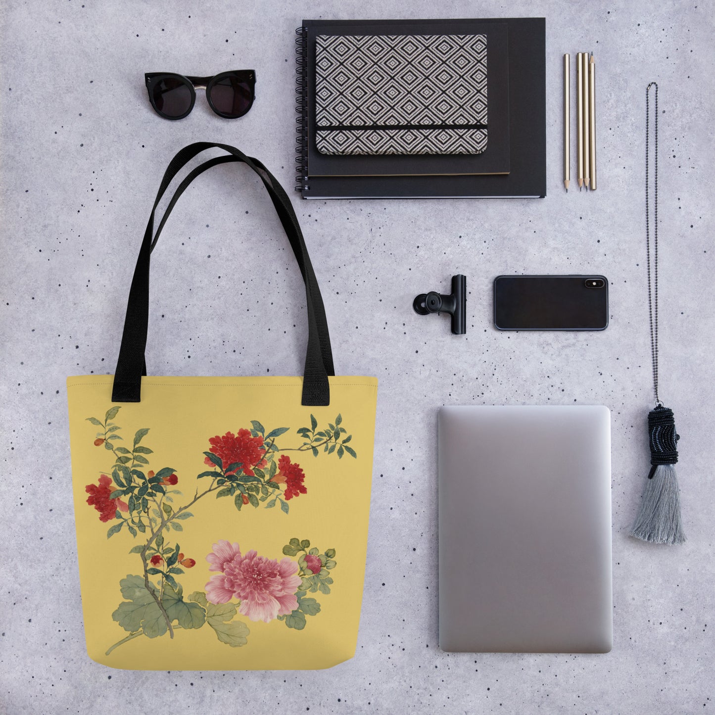 The Spirit of Flowers in Twelve Months｜Hollyhock and Pomegranate in Bloom｜Tote bag｜Gold