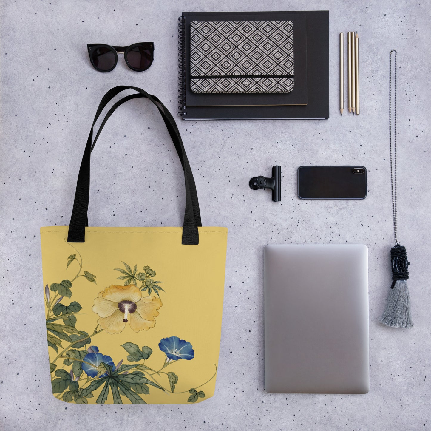 The Spirit of Flowers in Twelve Months｜Okra and White-edged Morning Glory in Bloom｜Tote bag｜Gold