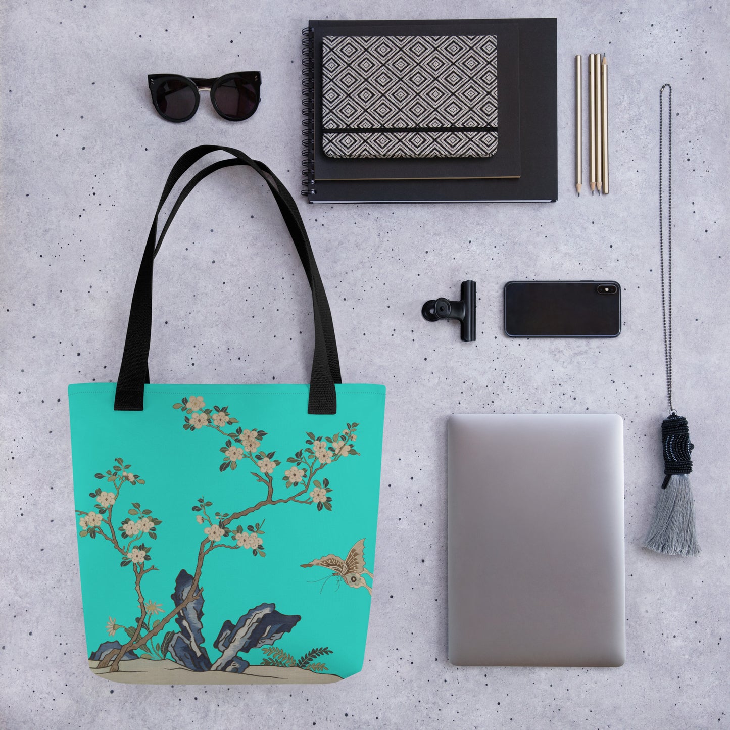 Kesi Flower Album｜White Plum Blossoms and Butterfly｜Tote bag｜Turquoise