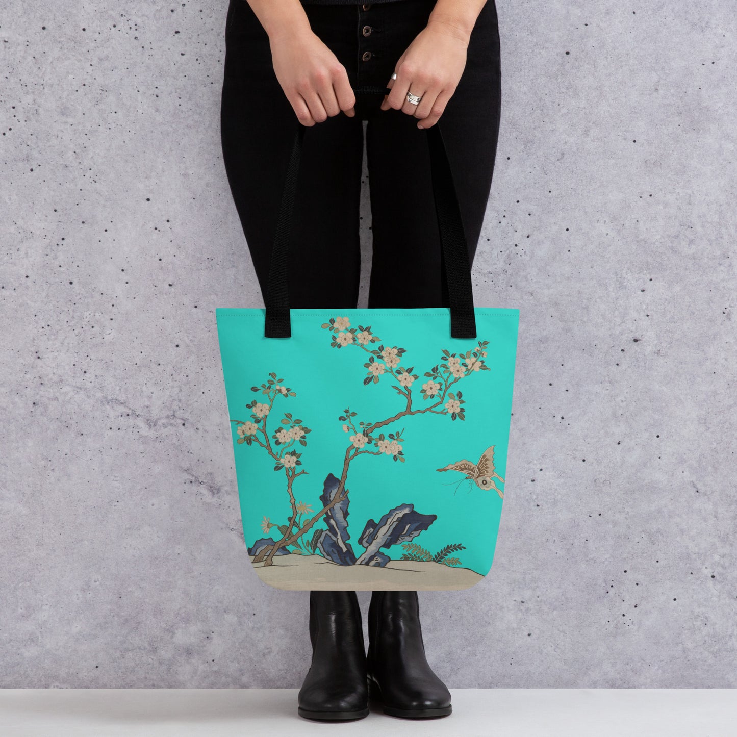 Kesi Flower Album｜White Plum Blossoms and Butterfly｜Tote bag｜Turquoise