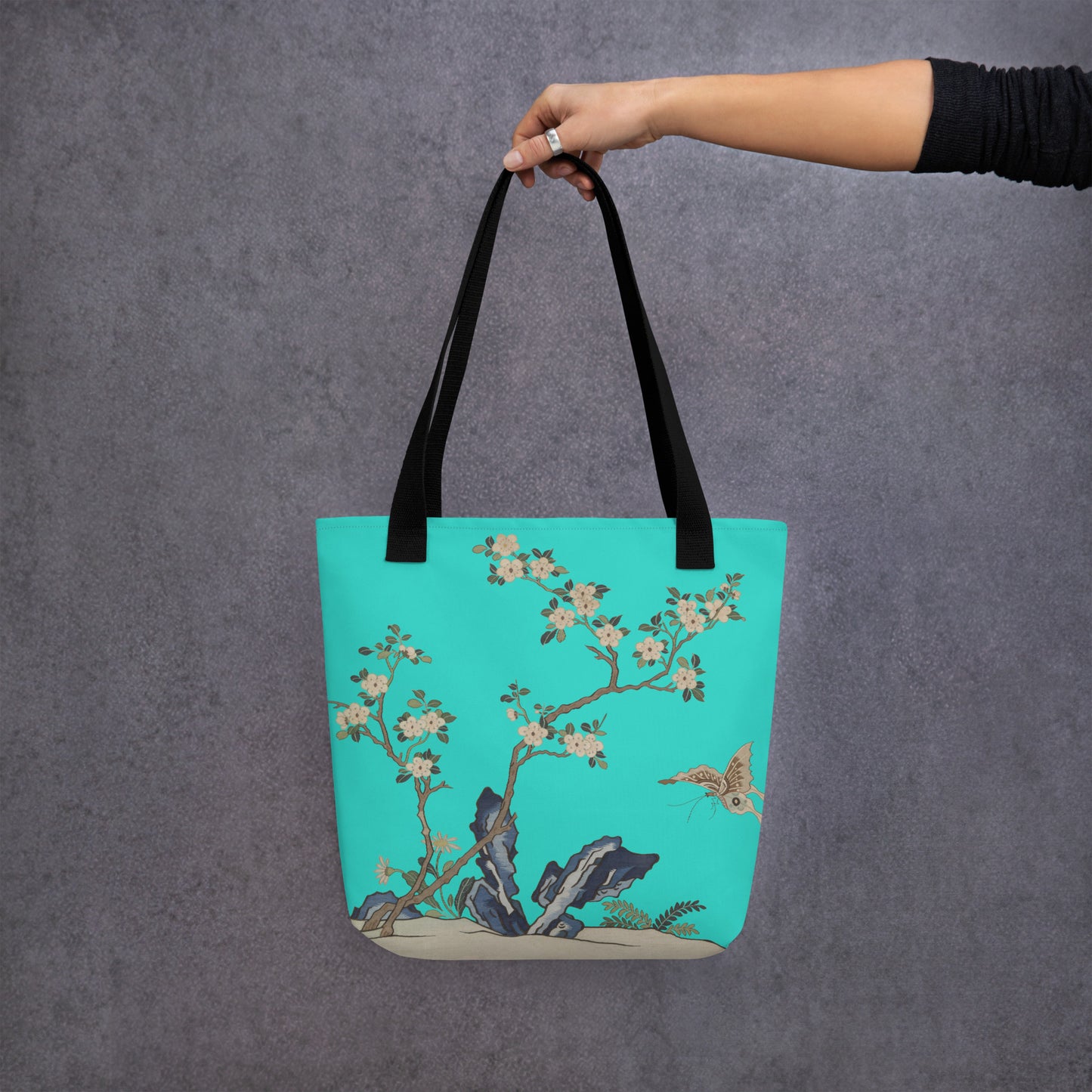 Kesi Flower Album｜White Plum Blossoms and Butterfly｜Tote bag｜Turquoise