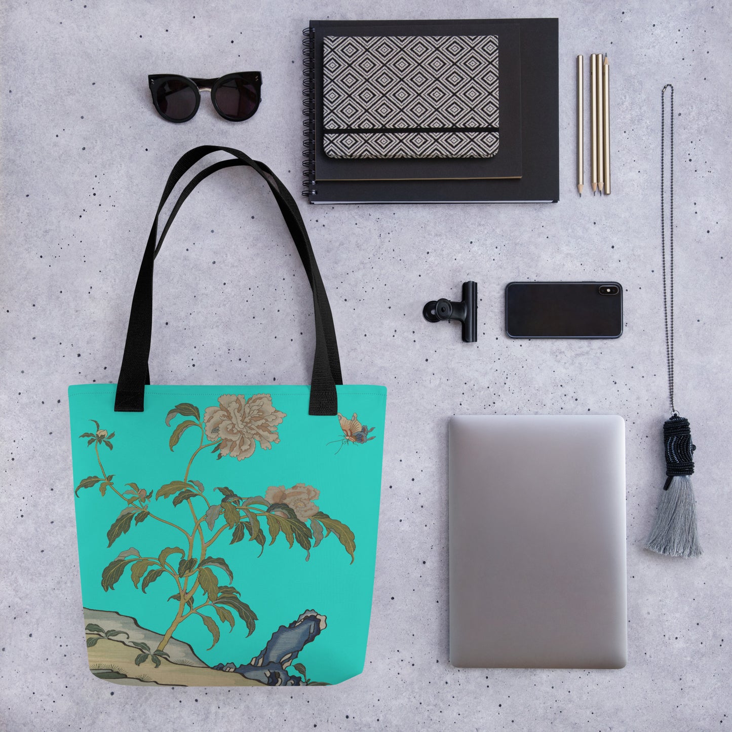 Kesi Flower Album｜Peonies and Butterfly｜Tote bag｜Turquoise