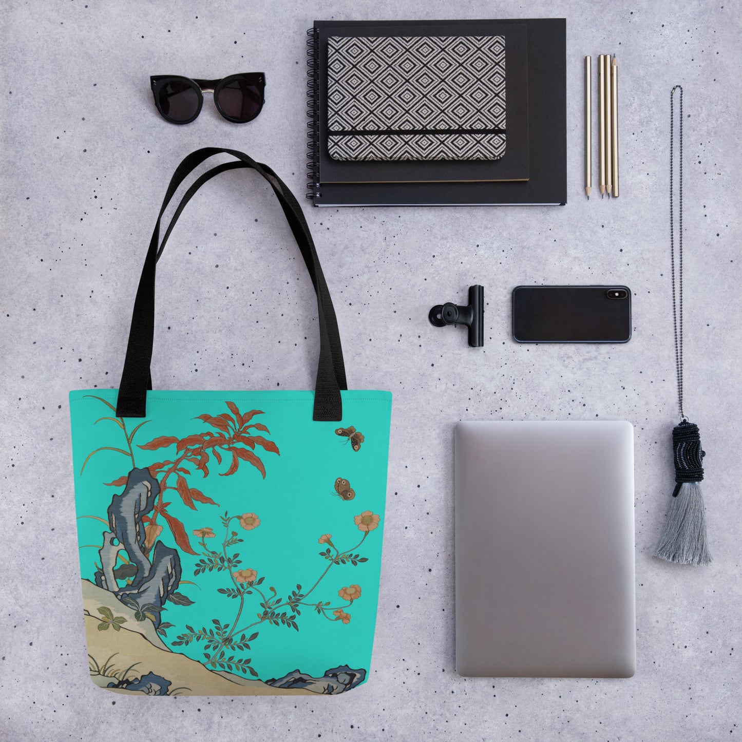 Kesi Flower Album｜Butterflies and Flowers｜Tote bag｜Turquoise