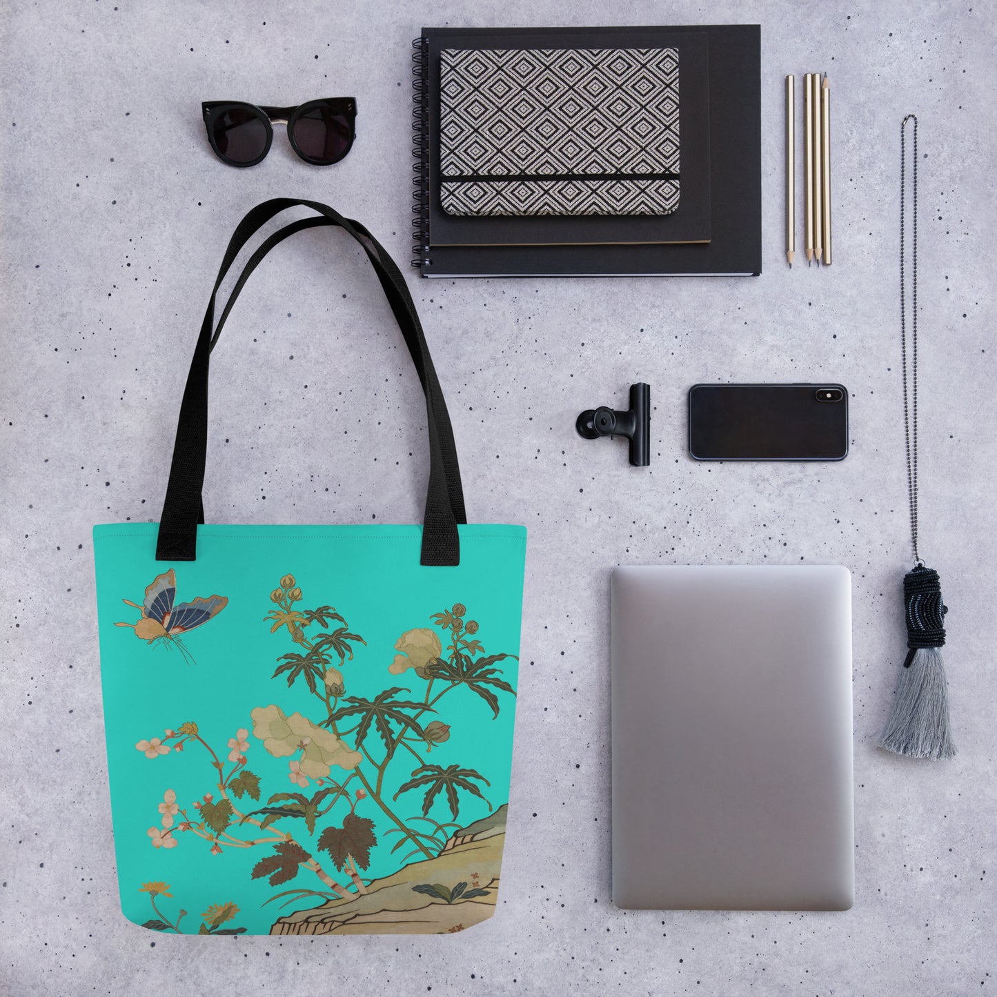 Kesi Flower Album｜Hibiscus and Begonia Blossoms｜Tote bag｜Turquoise