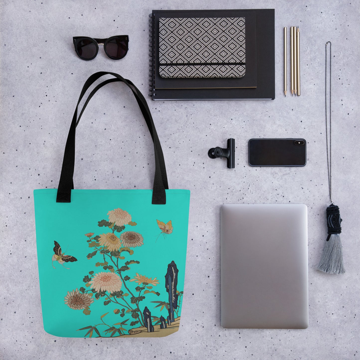 Kesi Flower Album｜Chrysanthemums and Butterflies｜Tote bag｜Turquoise