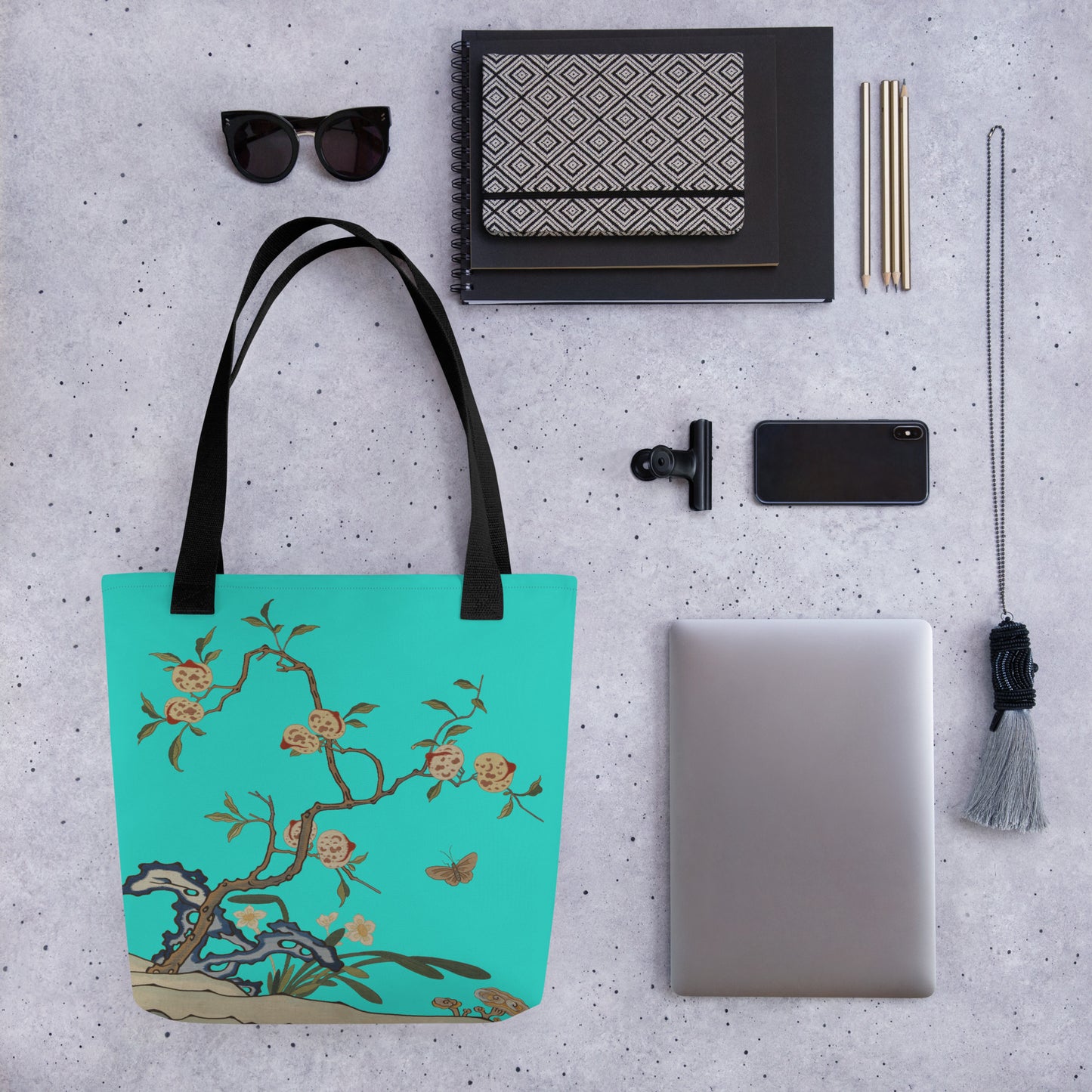 Kesi Flower Album｜Narcissus and Peaches｜Tote bag｜Turquoise