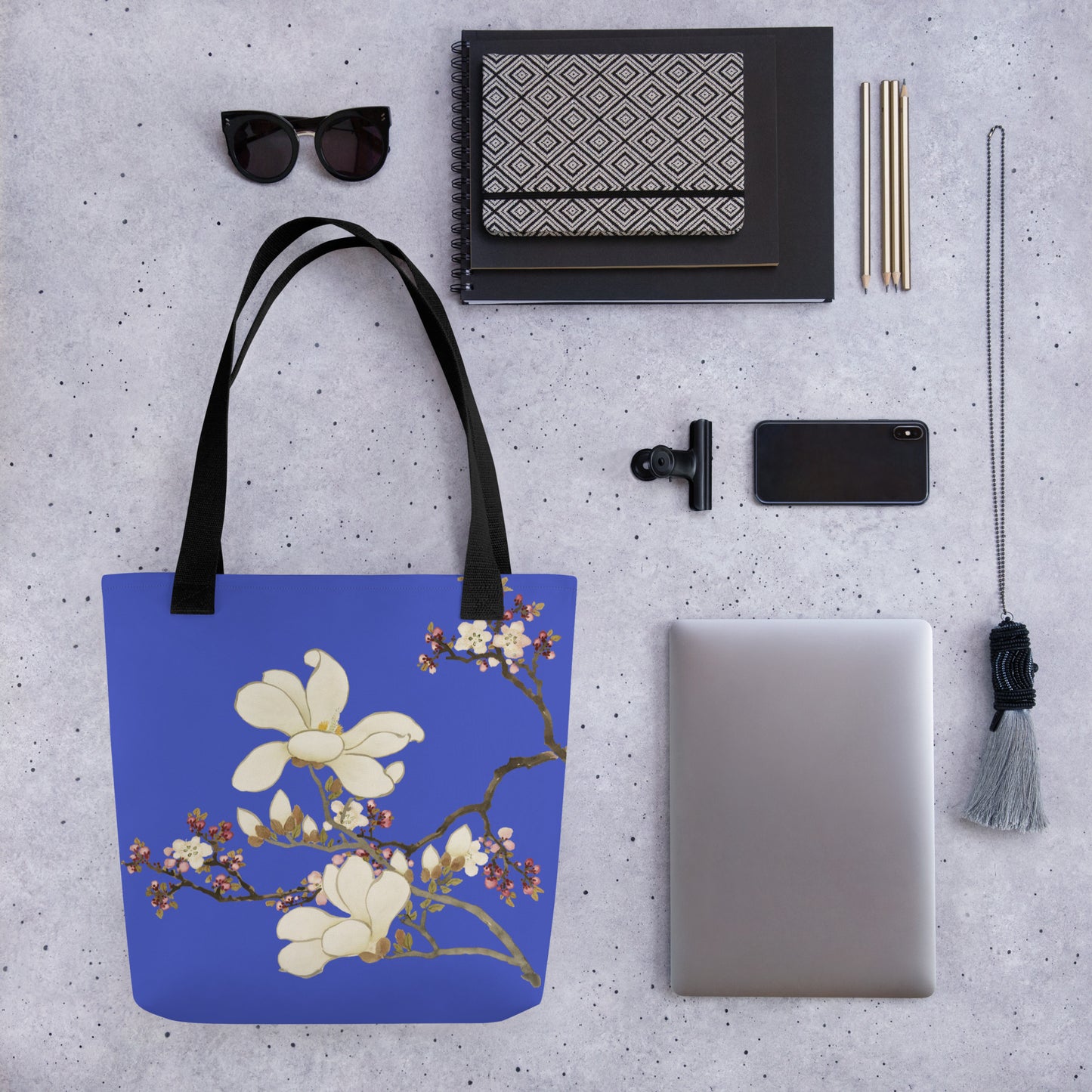 The Spirit of Flowers in Twelve Months｜Apricot and Lily Magnolia in Blossom｜Tote bag｜Royal blue