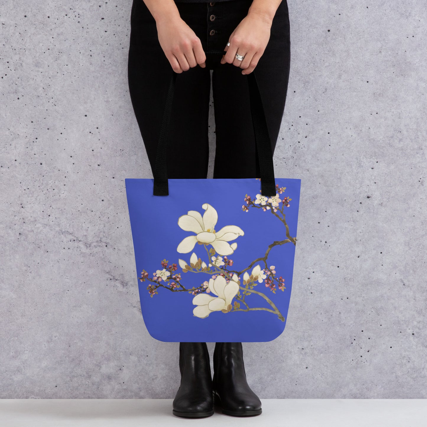 The Spirit of Flowers in Twelve Months｜Apricot and Lily Magnolia in Blossom｜Tote bag｜Royal blue