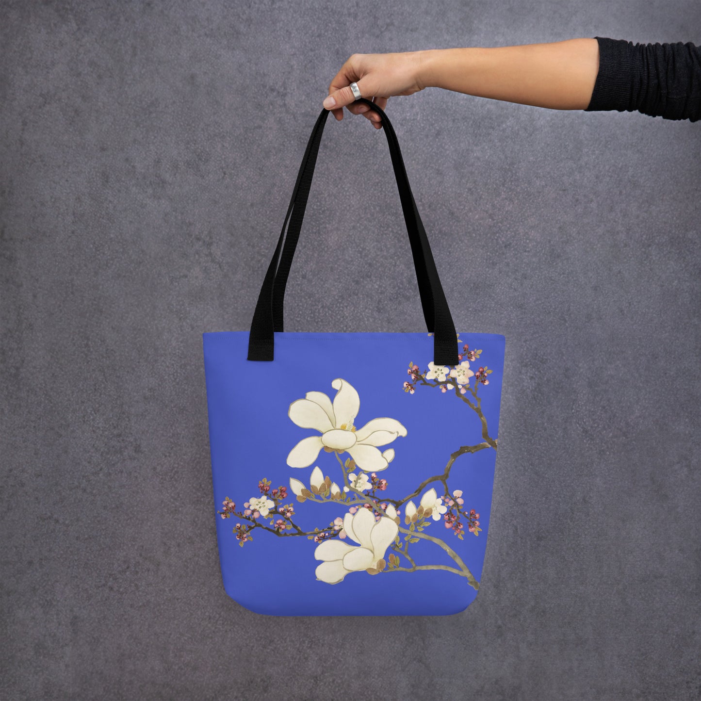 The Spirit of Flowers in Twelve Months｜Apricot and Lily Magnolia in Blossom｜Tote bag｜Royal blue