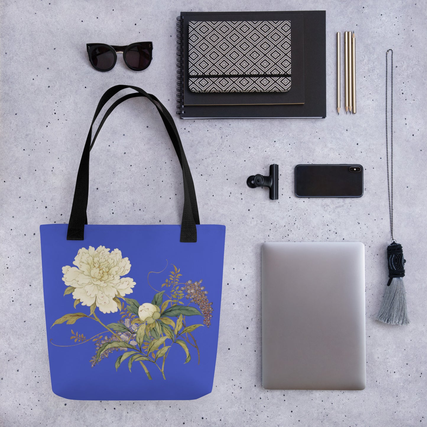 The Spirit of Flowers in Twelve Months｜Chinese Peony and Wisteria in Bloom｜Tote bag｜Royal blue