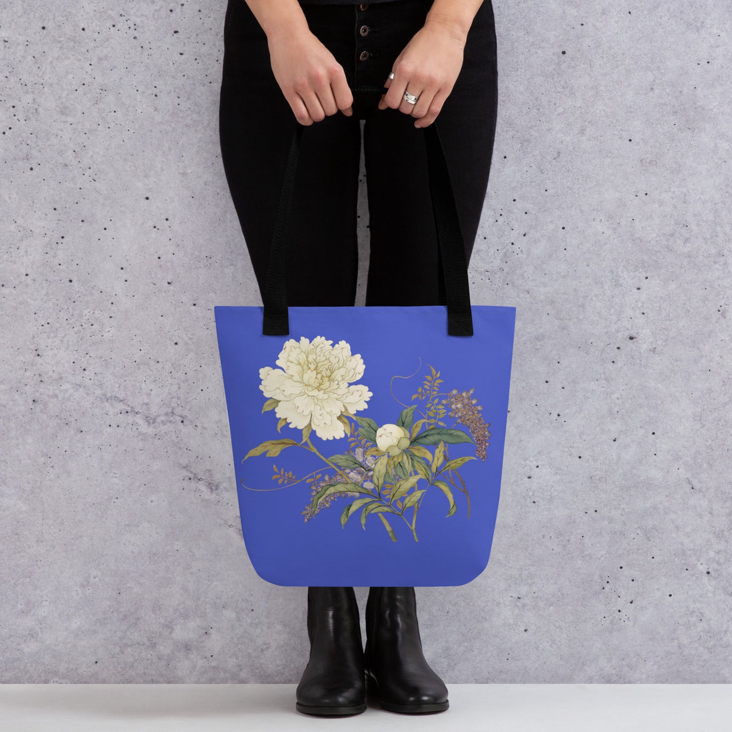 The Spirit of Flowers in Twelve Months｜Chinese Peony and Wisteria in Bloom｜Tote bag｜Royal blue