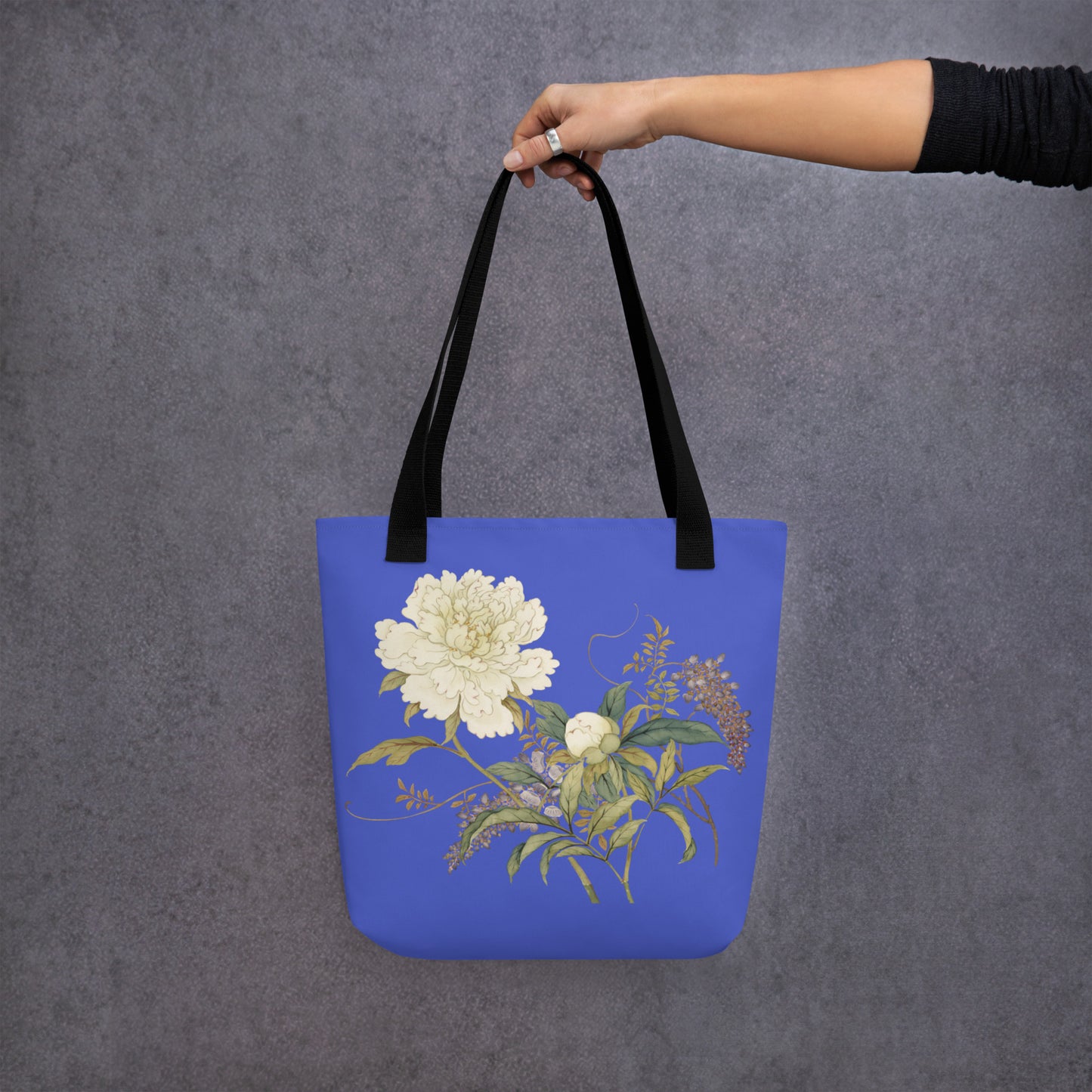 The Spirit of Flowers in Twelve Months｜Chinese Peony and Wisteria in Bloom｜Tote bag｜Royal blue