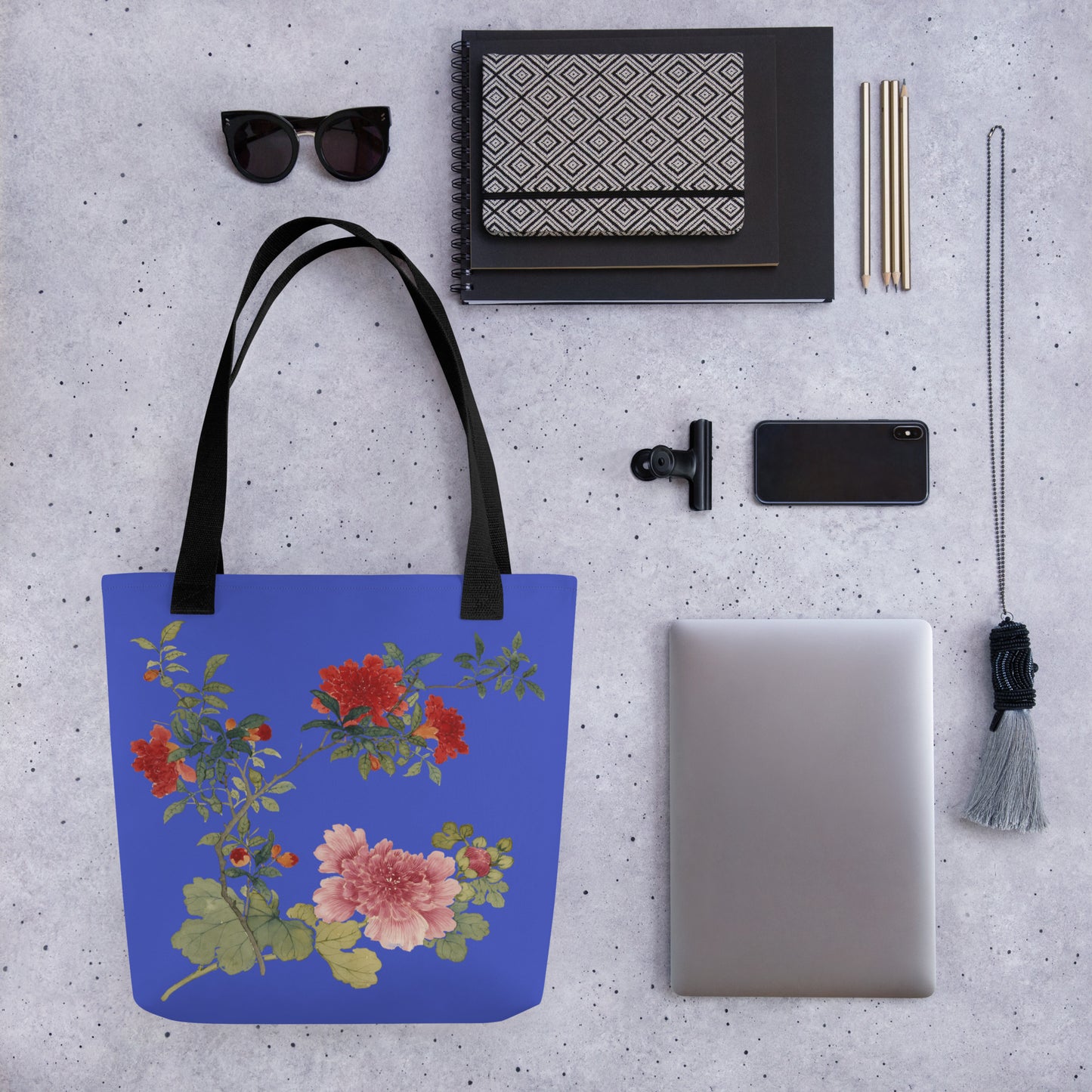 The Spirit of Flowers in Twelve Months｜Hollyhock and Pomegranate in Bloom｜Tote bag｜Royal blue